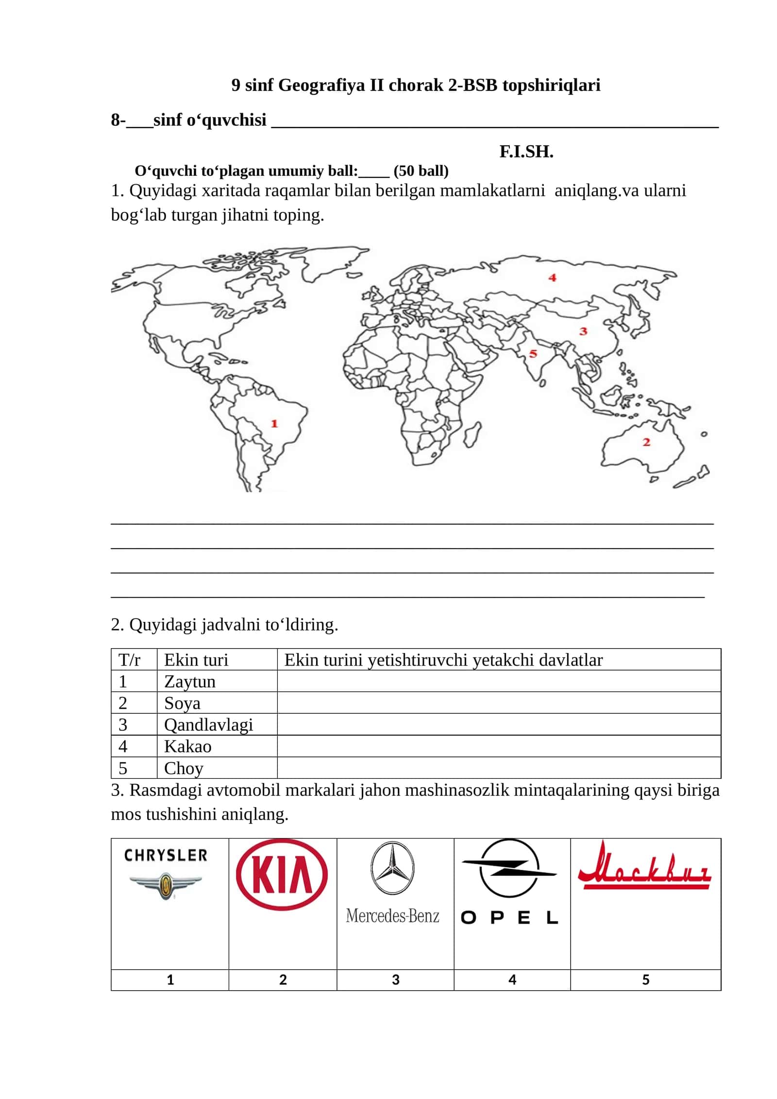 9 sinf Geografiya II chorak 2-BSB topshiriqlari