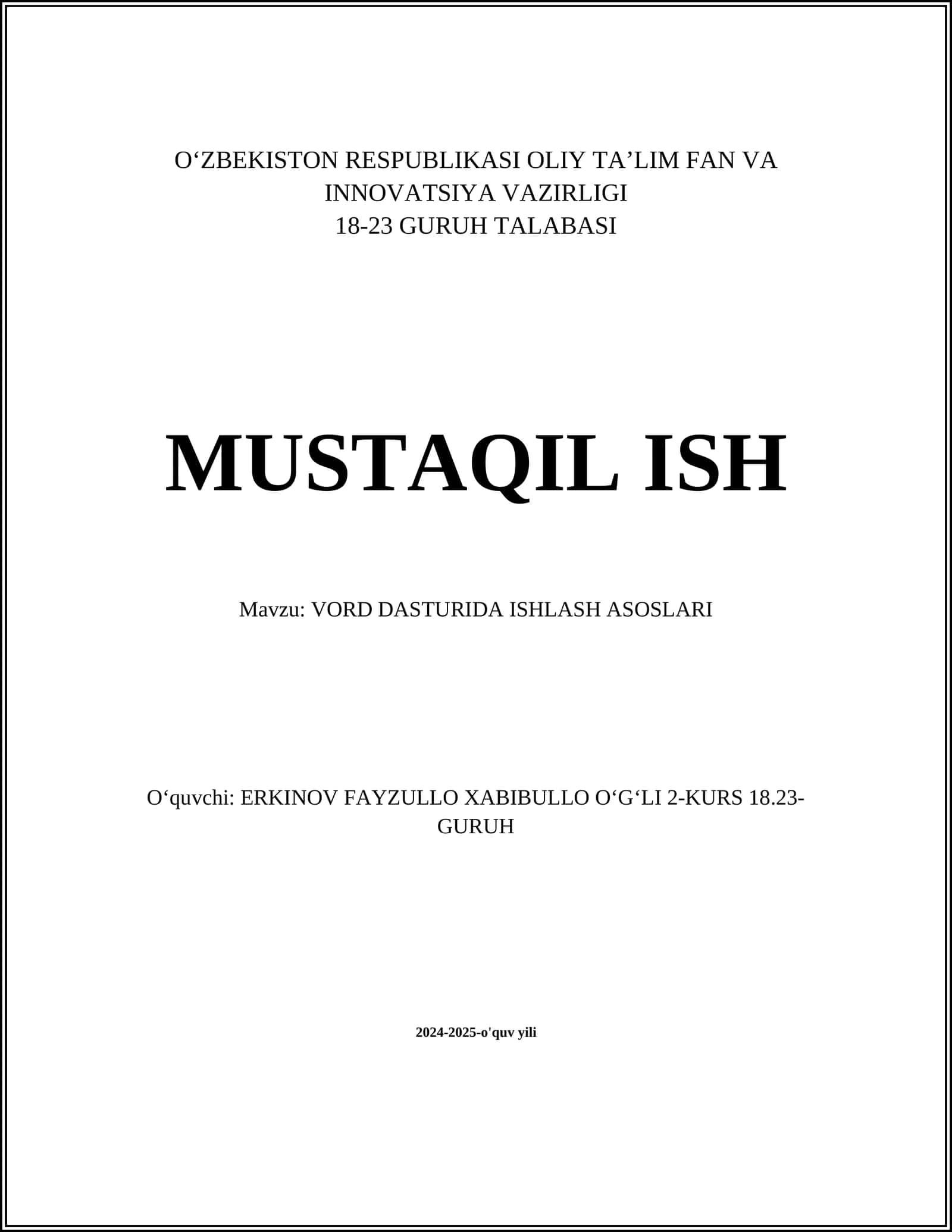 Vord Dasturida Ishlash Asoslari