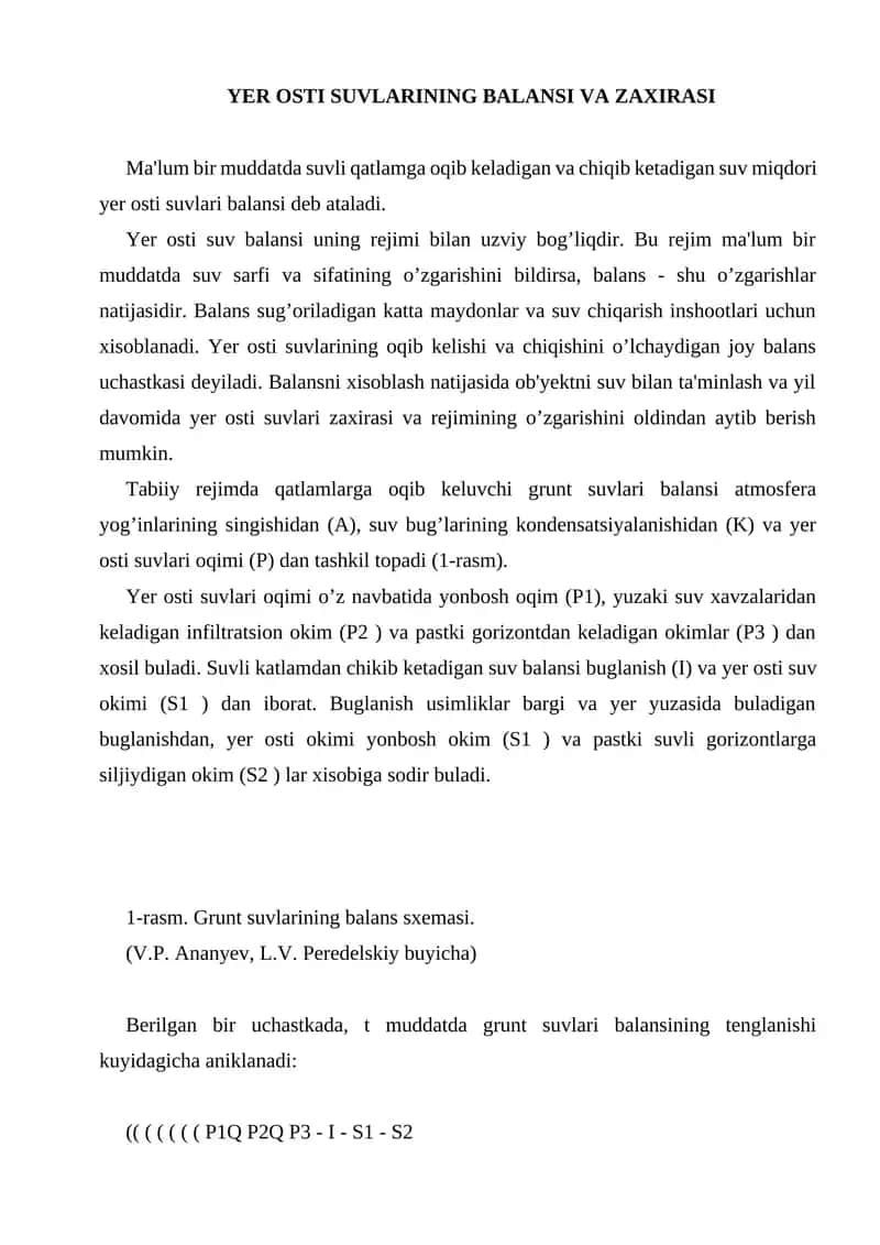 YER OSTI SUVLARINING BALANSI VA ZAXIRASI