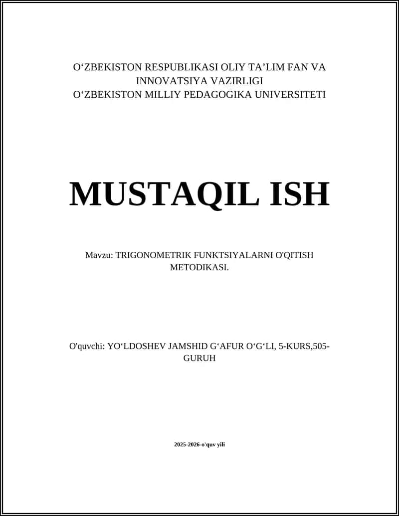 TRIGONOMETRIK FUNKTSIYALARNI O'QITISH METODIKASI
