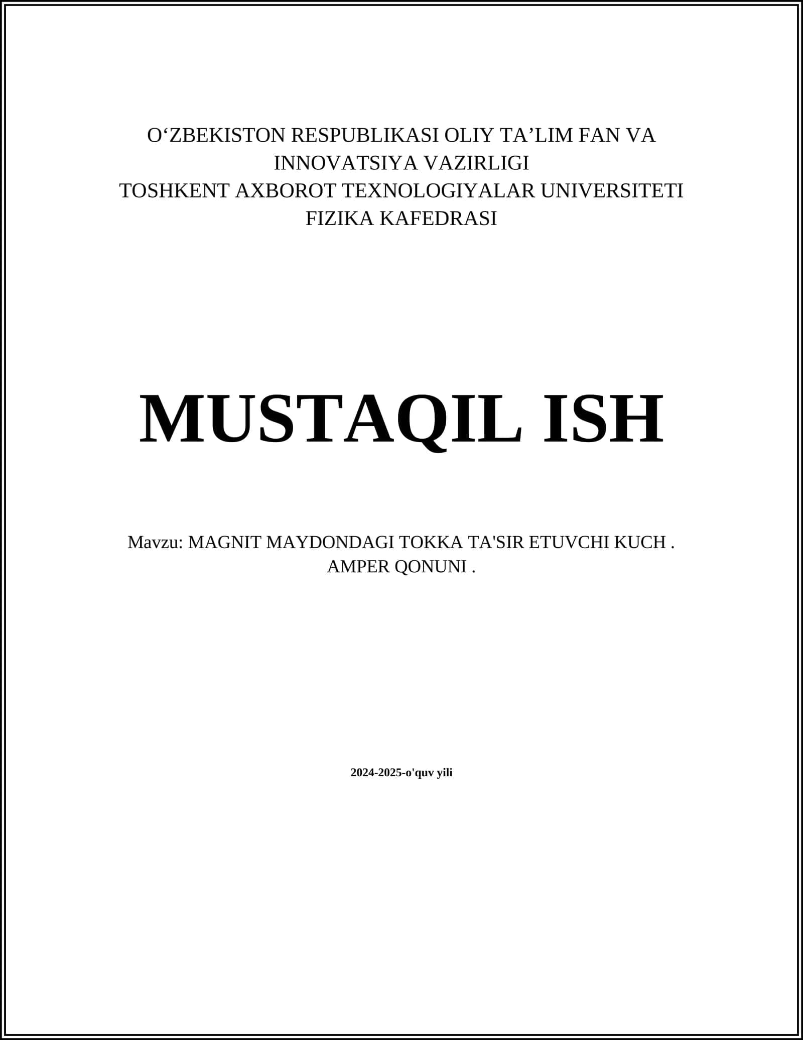 MAGNIT MAYDONDAGI TOKKA TA'SIR ETUVCHI KUCH. AMPER QONUNI