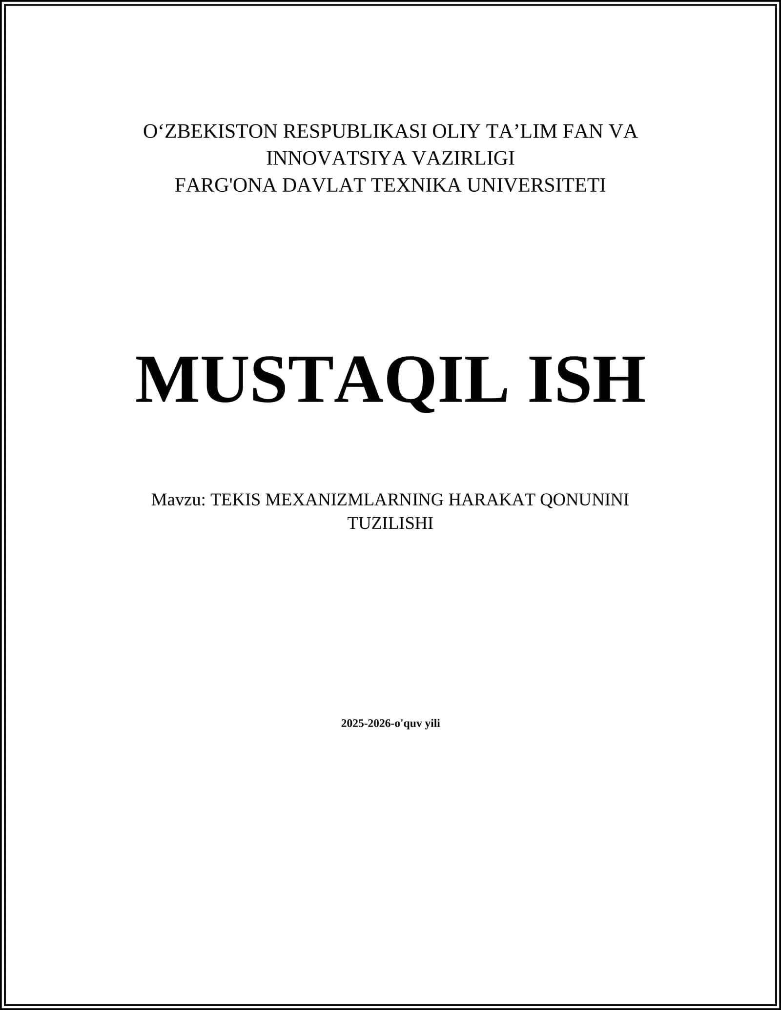 TEKIS MEXANIZMLARNING HARAKAT QONUNINI TUZILISHI