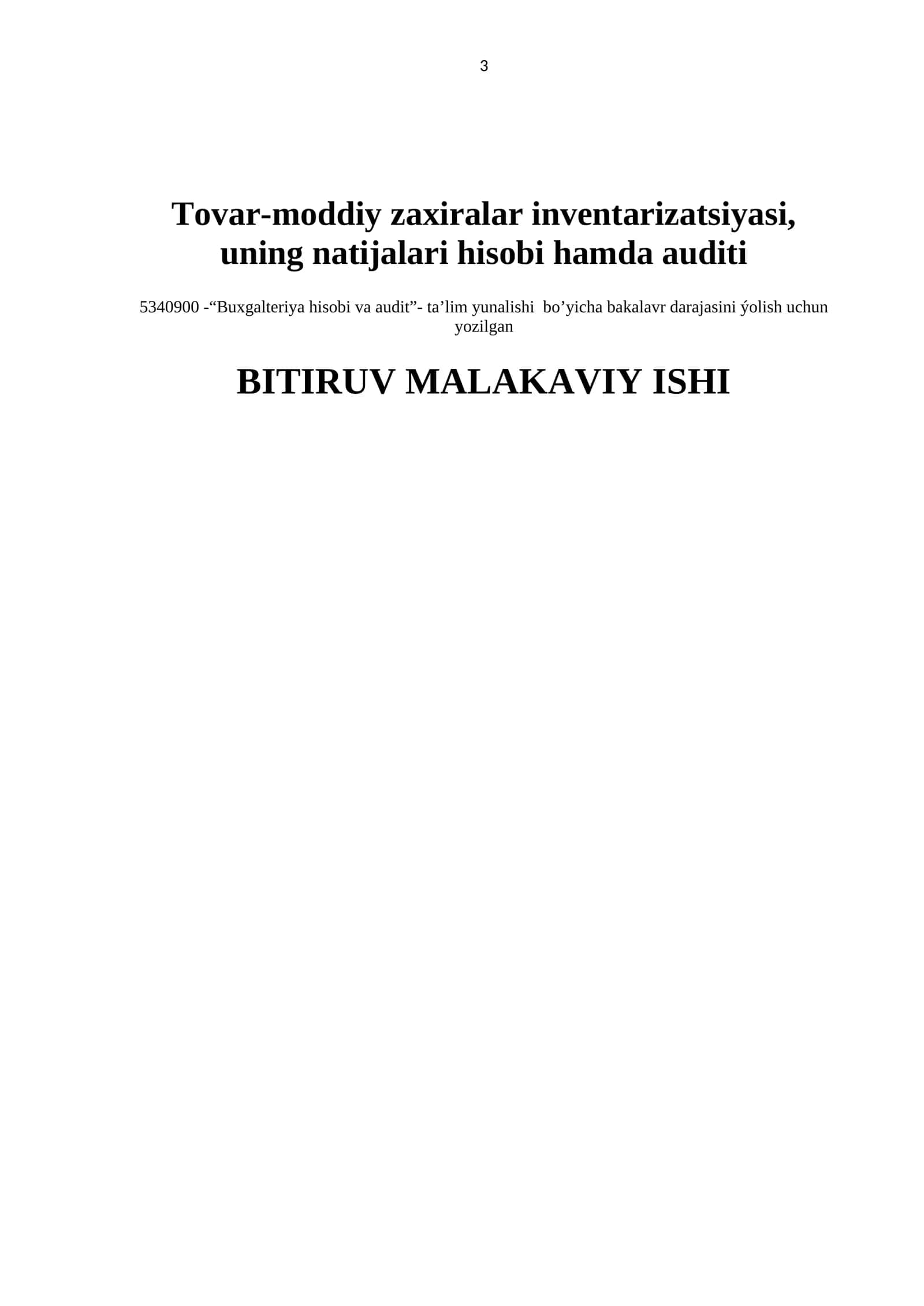 Tovar-moddiy zaxiralar inventarizatsiyasi, uning natijalari hisobi hamda auditi