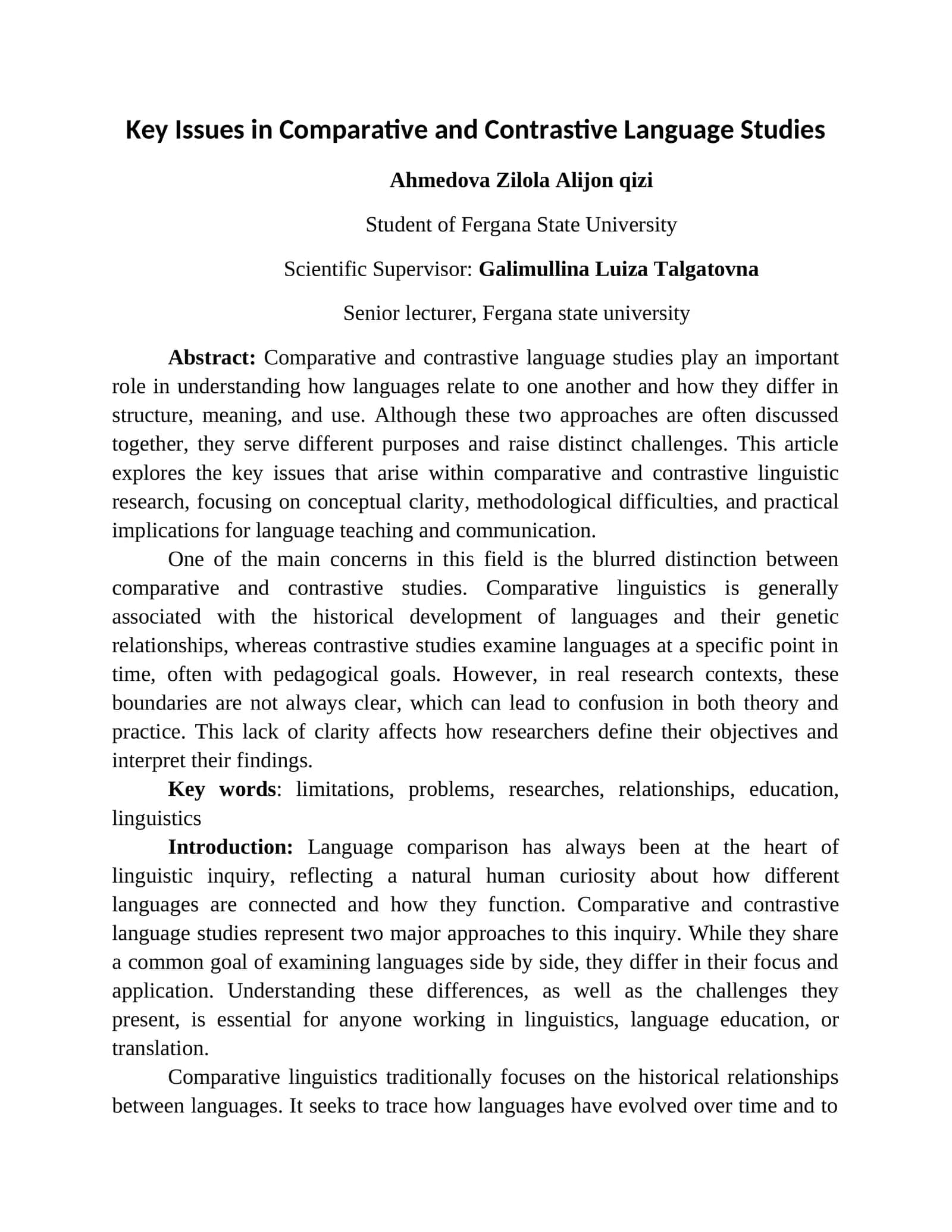 Key Issues in Comparative and Contrastive Language Studies