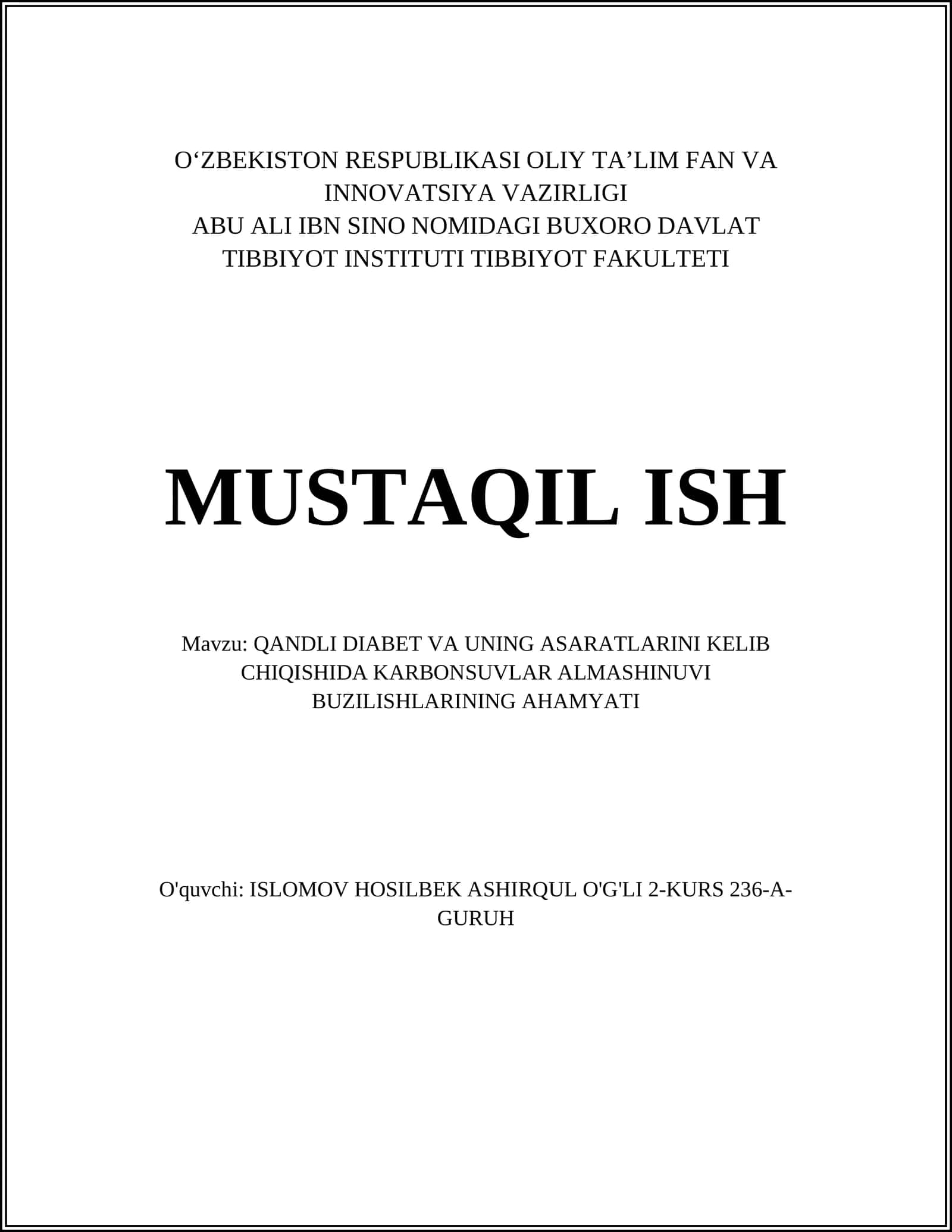 QANDLI DIABET VA UNING ASARATLARINI KELIB CHIQISHIDA KARBONSUVLAR ALMASHINUVI BUZILISHLARINING AHAMYATI