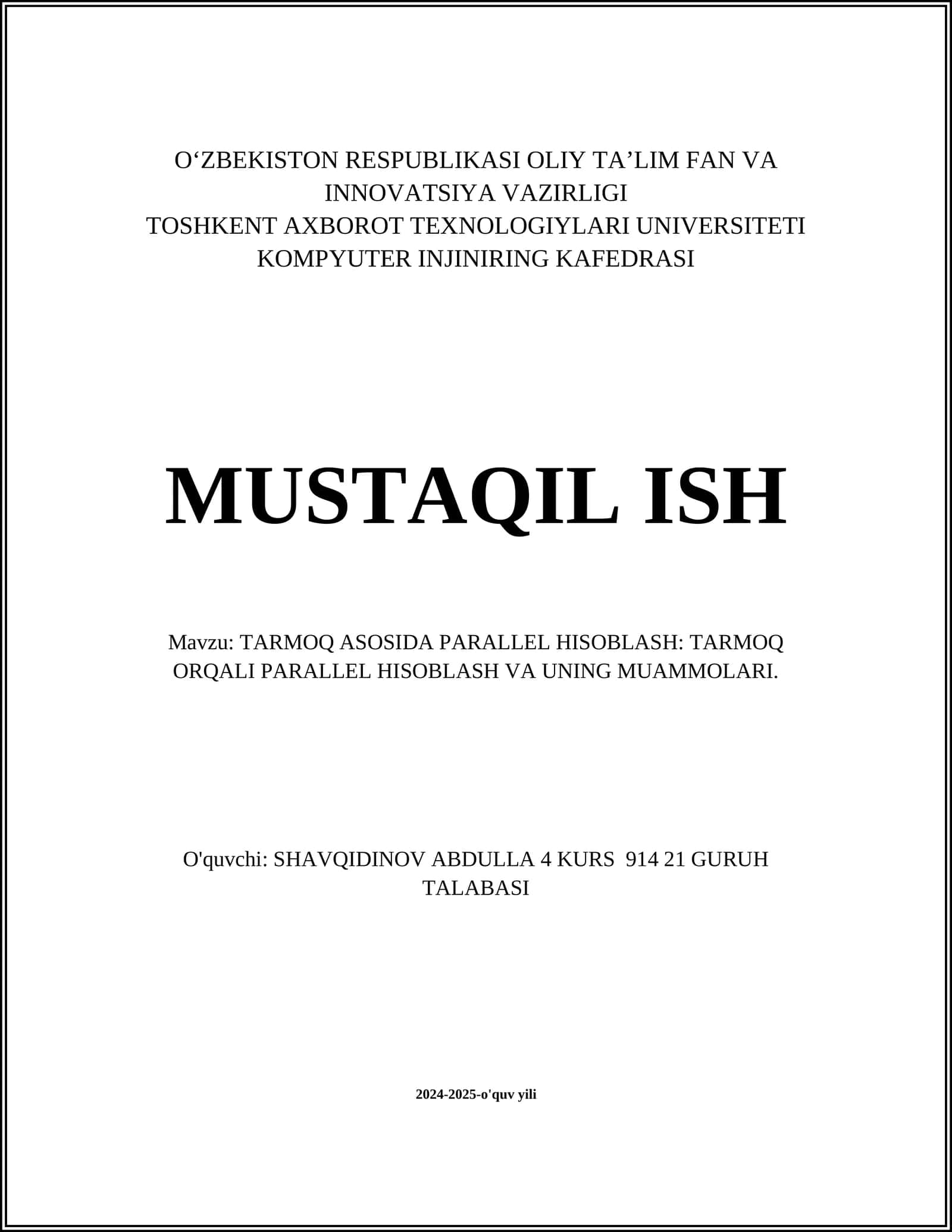 Tarmoq asosida parallel hisoblash: tarmoq orqali parallel hisoblash va uning muammolari