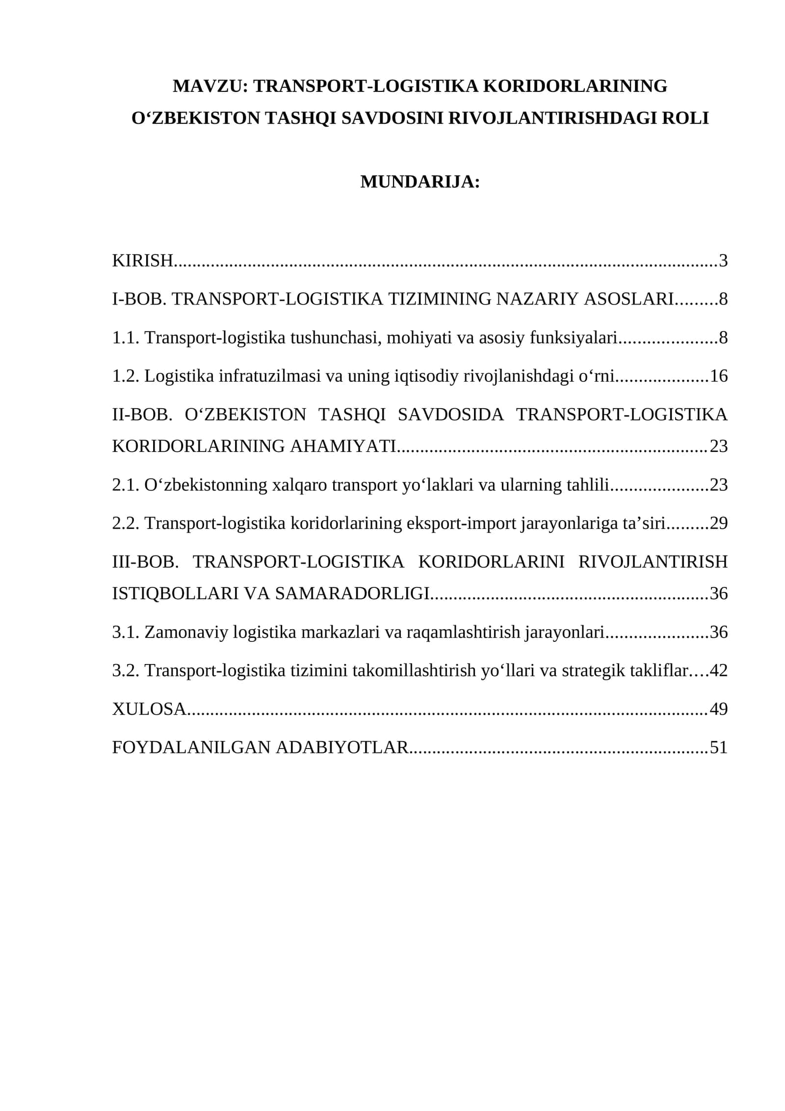 TRANSPORT-LOGISTIKA KORIDORLARINING O‘ZBEKISTON TASHQI SAVDOSINI RIVOJLANTIRISHDAGI ROLI