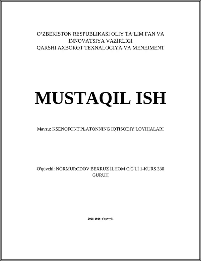 KSENOFONT'PLATONNING IQTISODIY LOYIHALARI