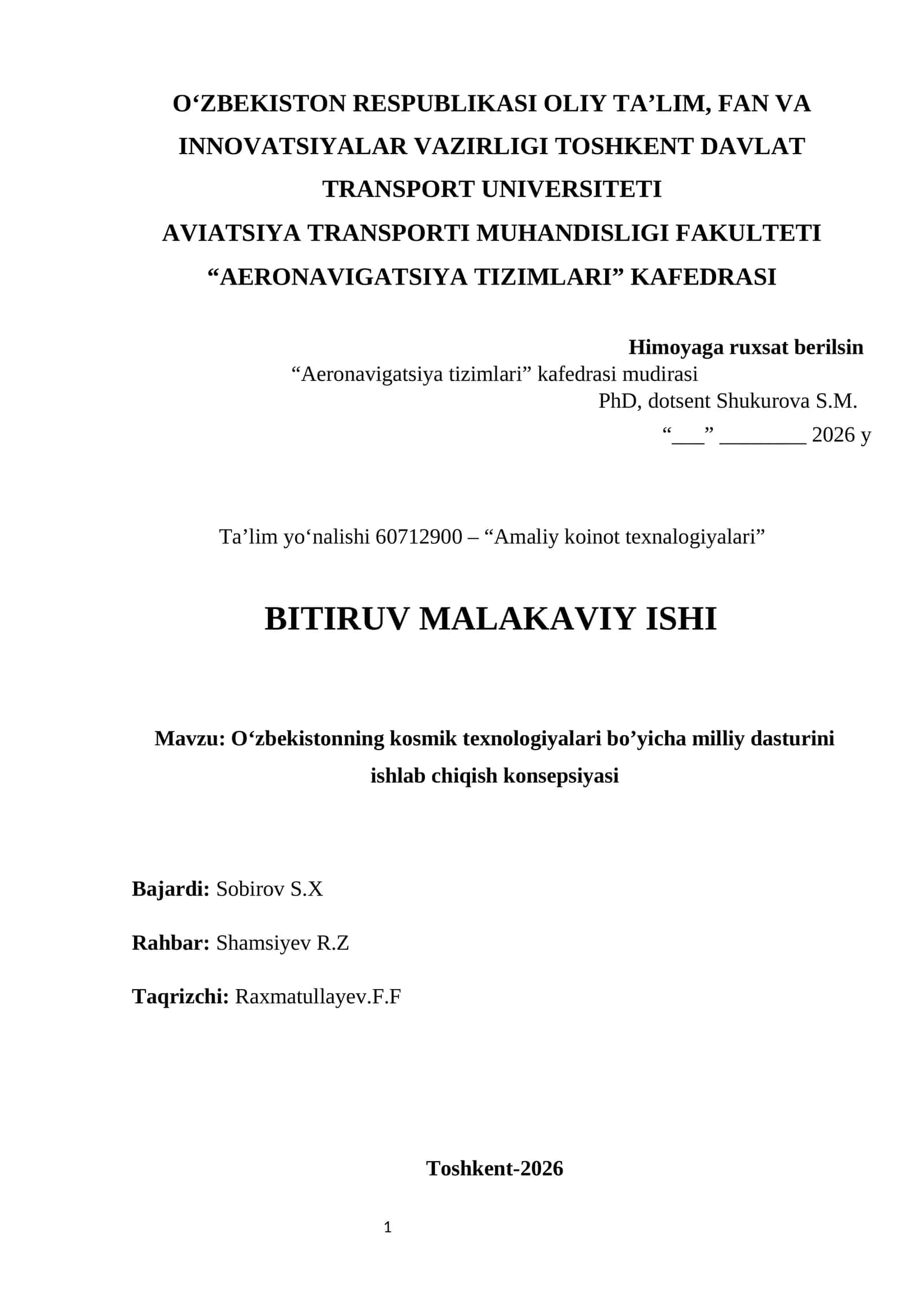 O‘zbekistonning kosmik texnologiyalari bo’yicha milliy dasturini ishlab chiqish konsepsiyasi
