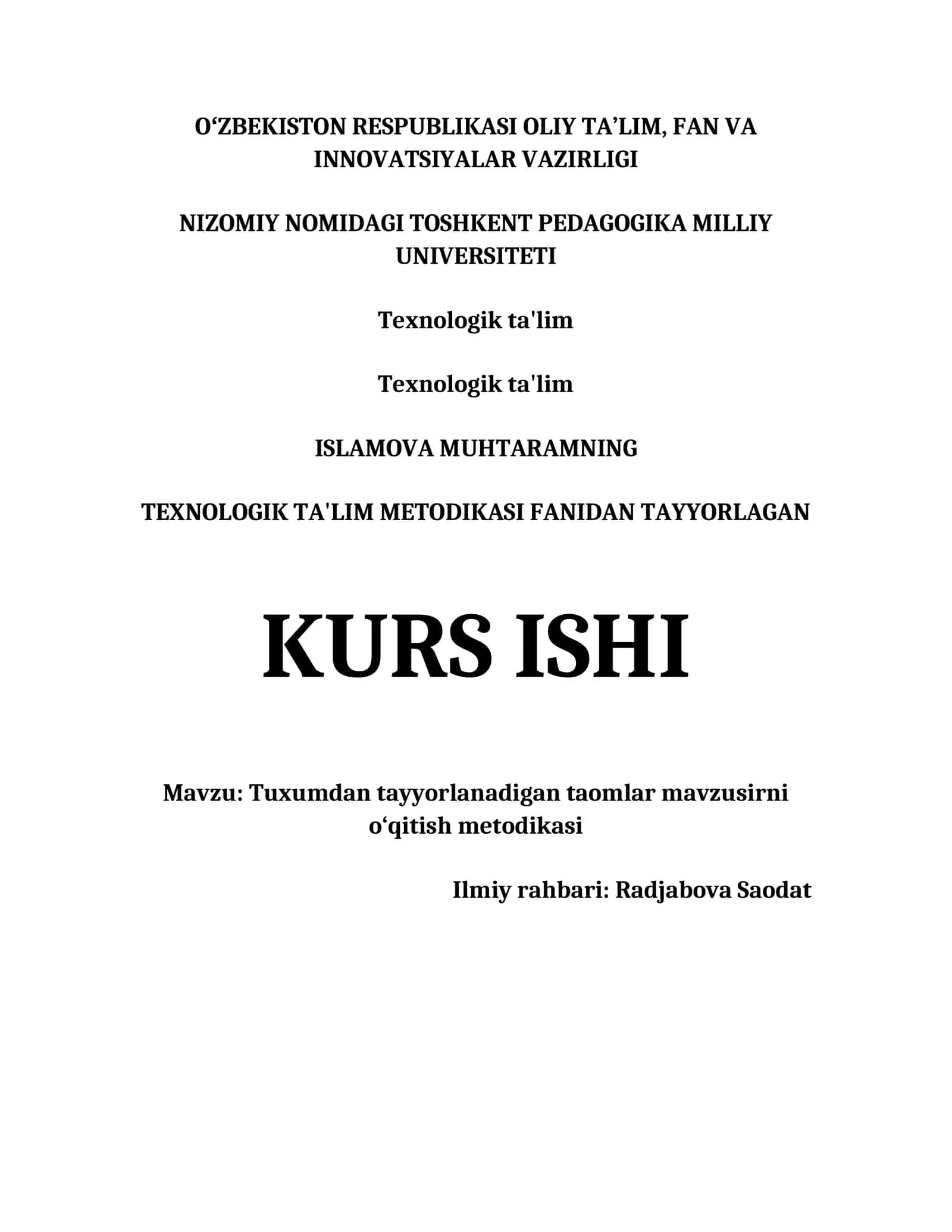 TUXUMDAN TAYYORLANADIGAN TAOMLAR MAVZUSIRNI O‘QITISH METODIKASI
