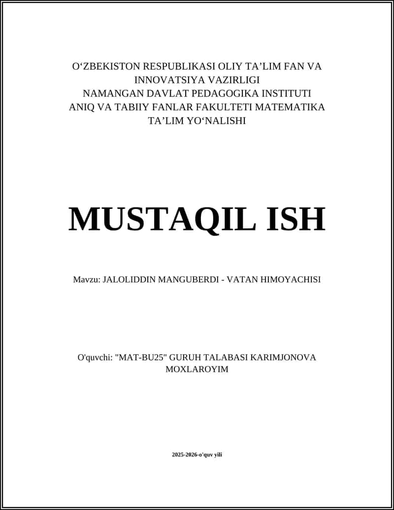 JALOLIDDIN MANGUBERDI - VATAN HIMOYACHISI