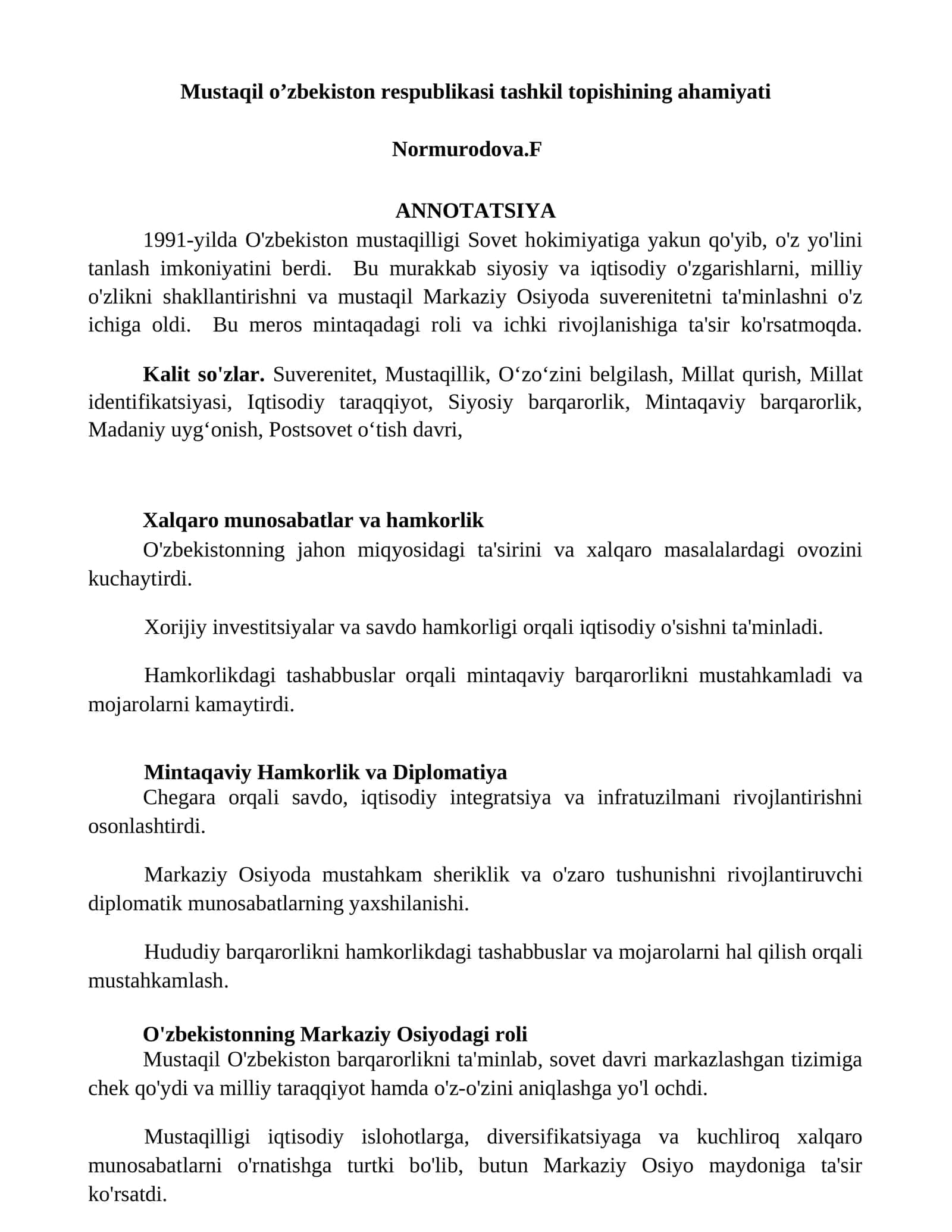 Mustaqil O'zbekiston Respublikasi Tashkil Topishining Ahamiyati