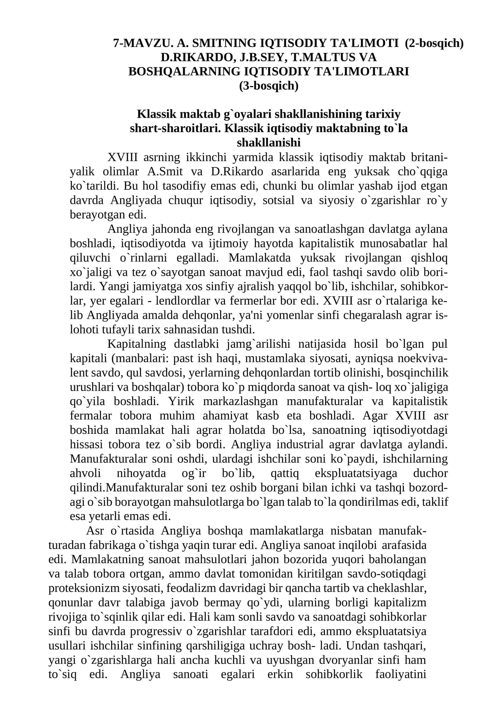 A. SMITNING IQTISODIY TA'LIMOTI