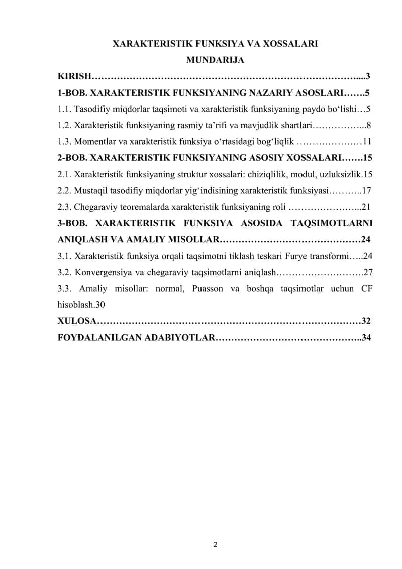 XARAKTERISTIK FUNKSIYASI VA UNING XOSSALARI