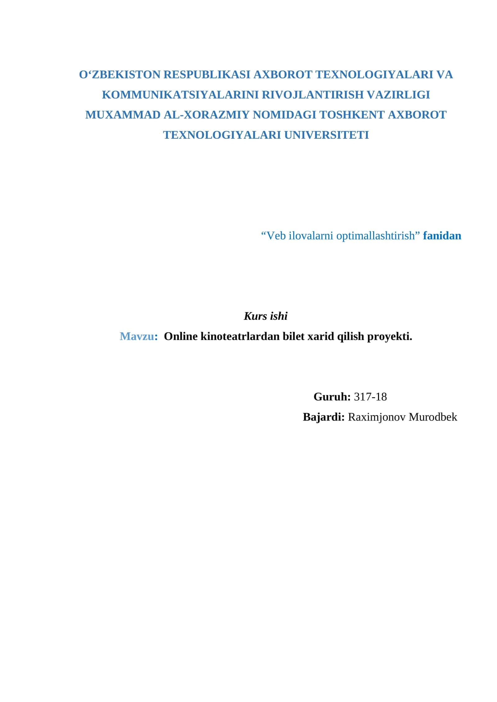 Online kinoteatrlardan bilet xarid qilish proyekti