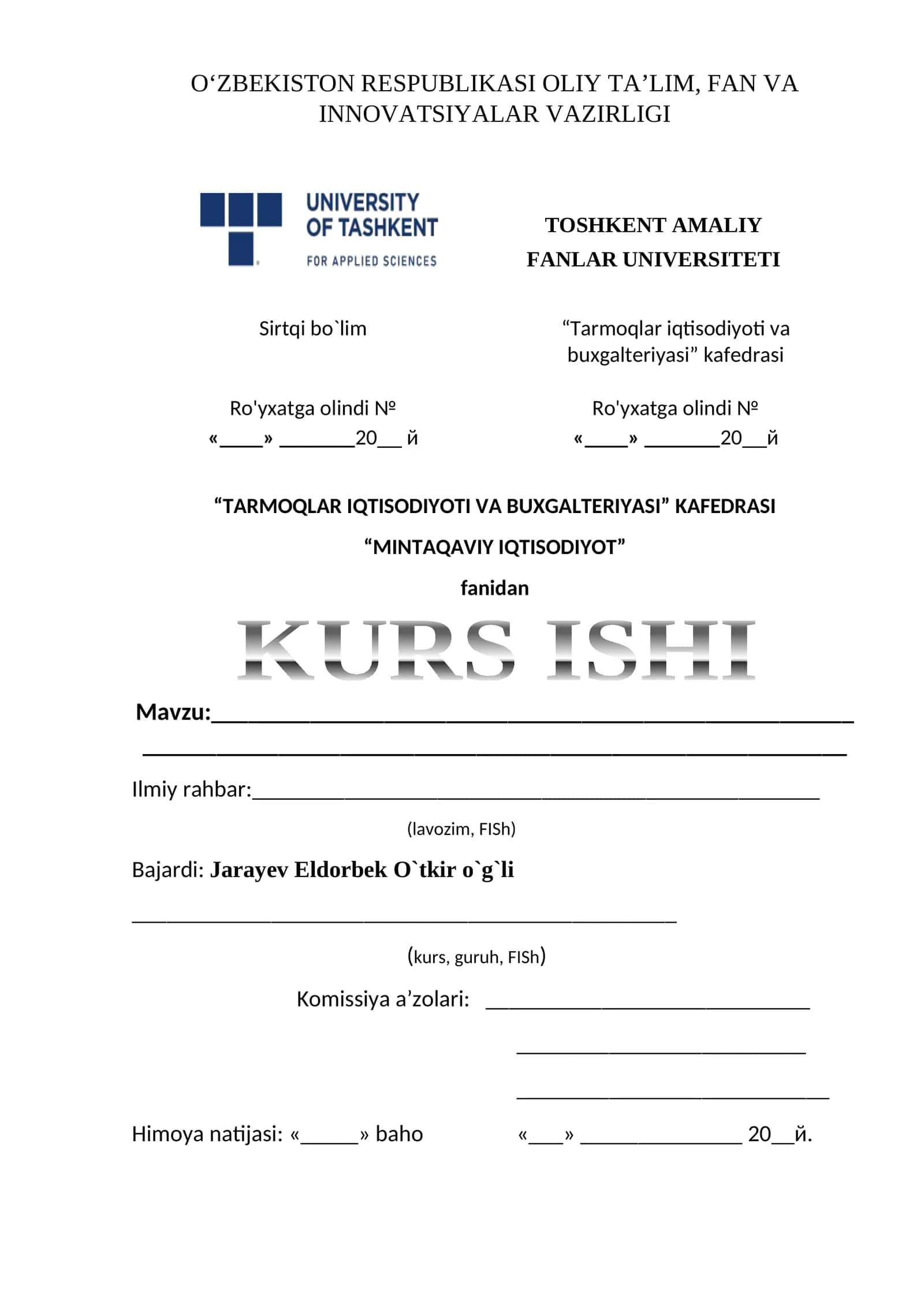 Tarmoqlar iqtisodiyoti va buxgalteriyasi kurs ishi