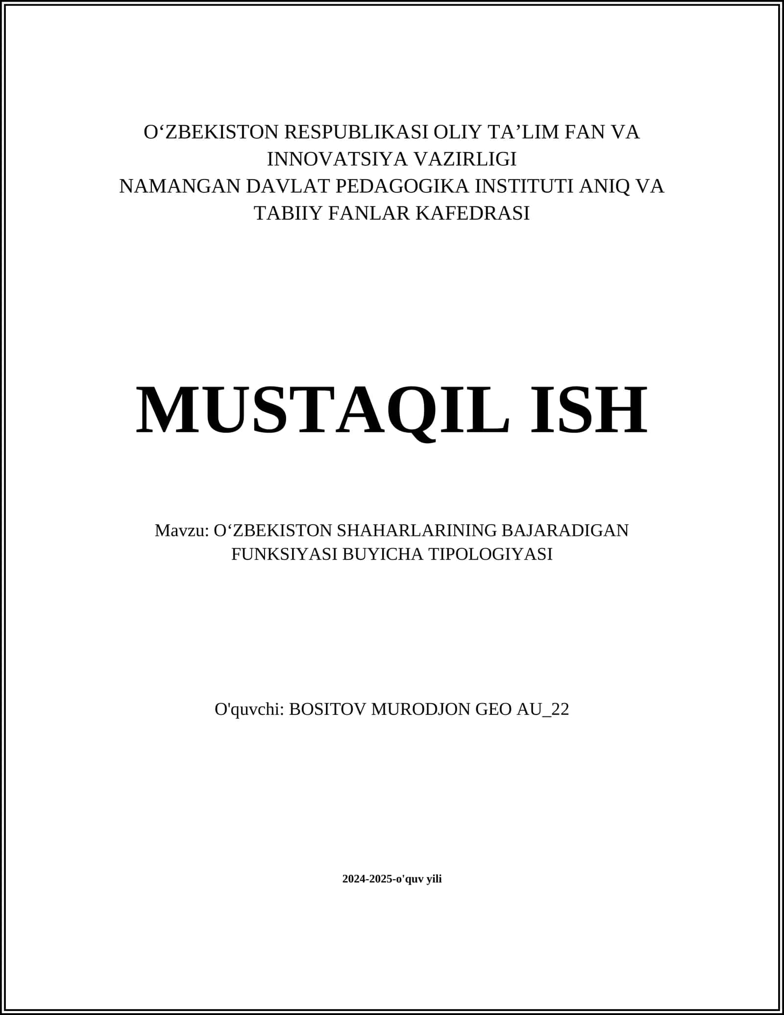 OʻZBEKISTON SHAHARLARINING BAJARADIGAN FUNKSIYASI BUYICHA TIPOLOGIYASI