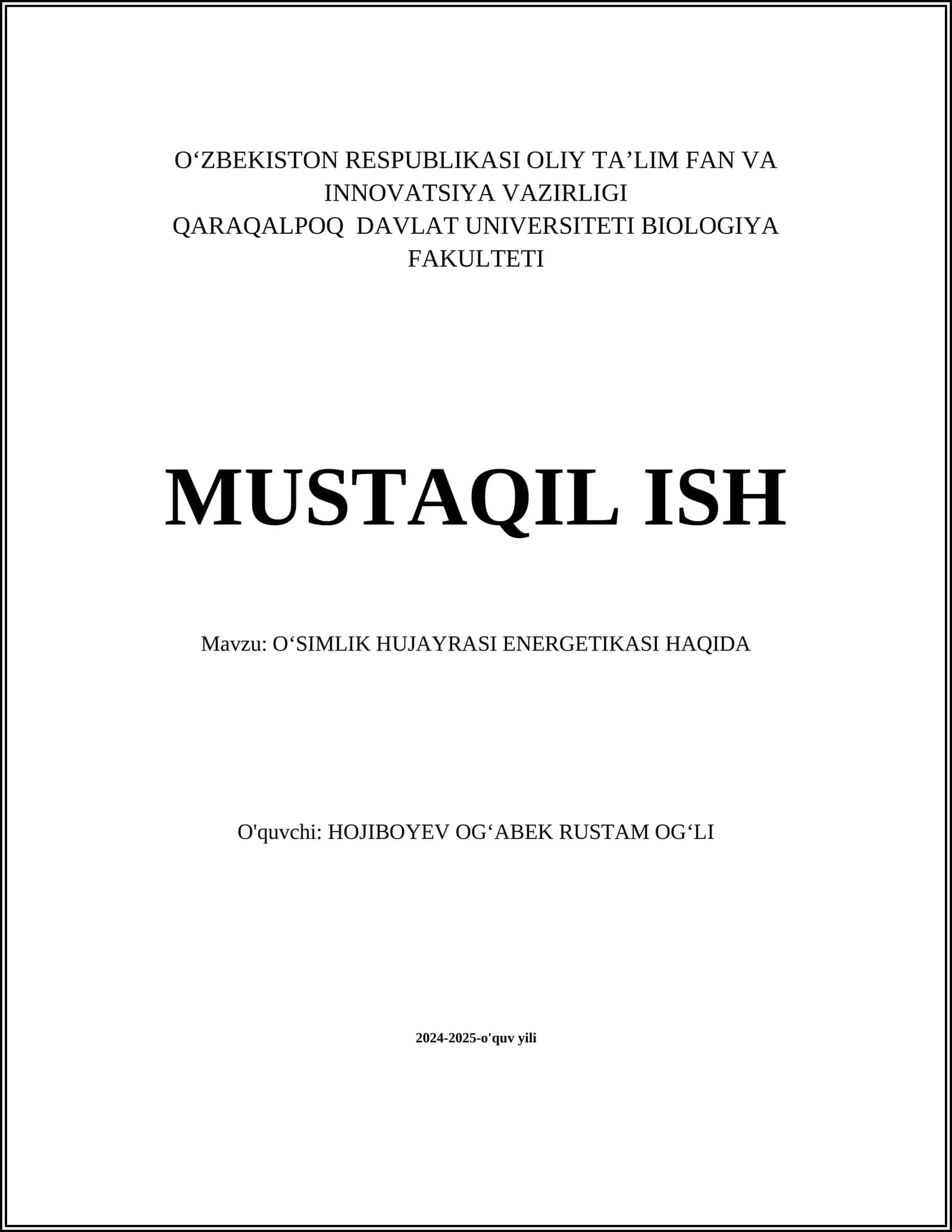 OʻSIMLIK HUJAYRASI ENERGETIKASI HAQIDA
