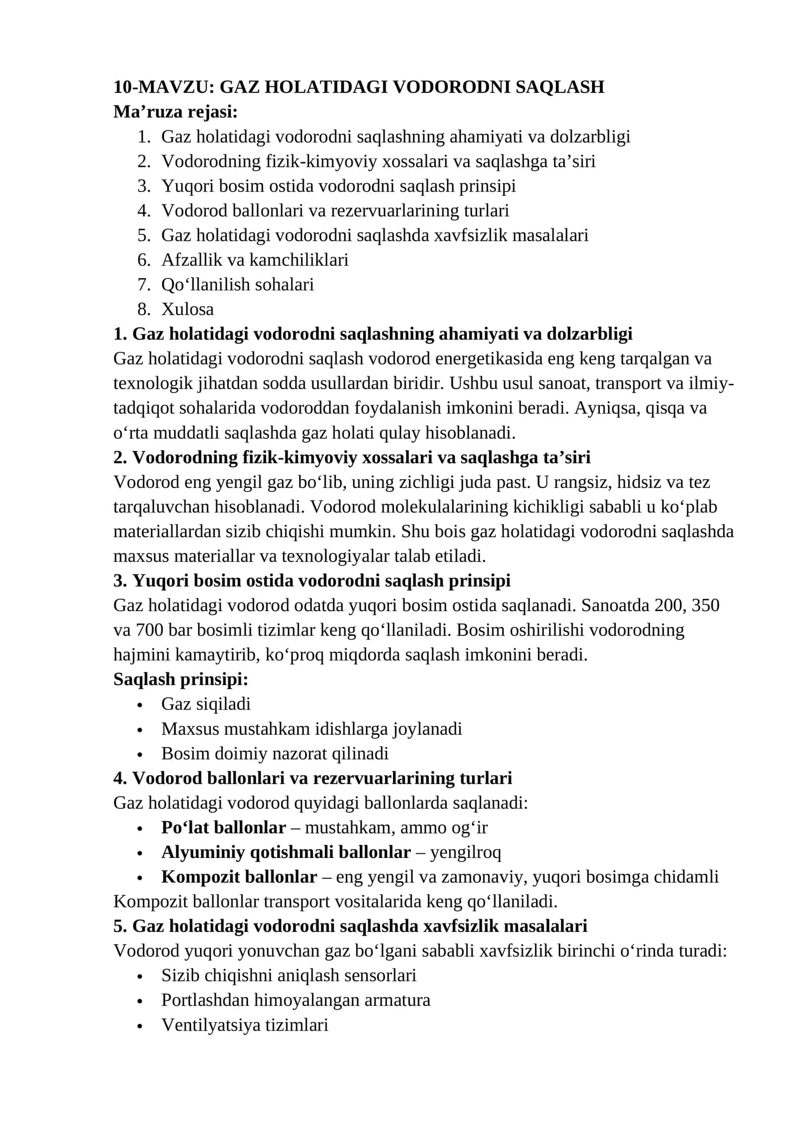 GAZ HOLATIDAGI VODORODNI SAQLASH