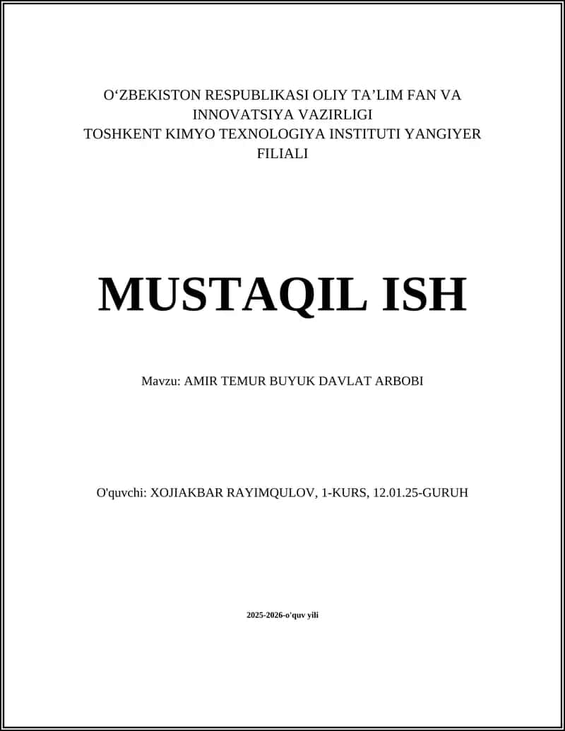 AMIR TEMUR BUYUK DAVLAT ARBOBI