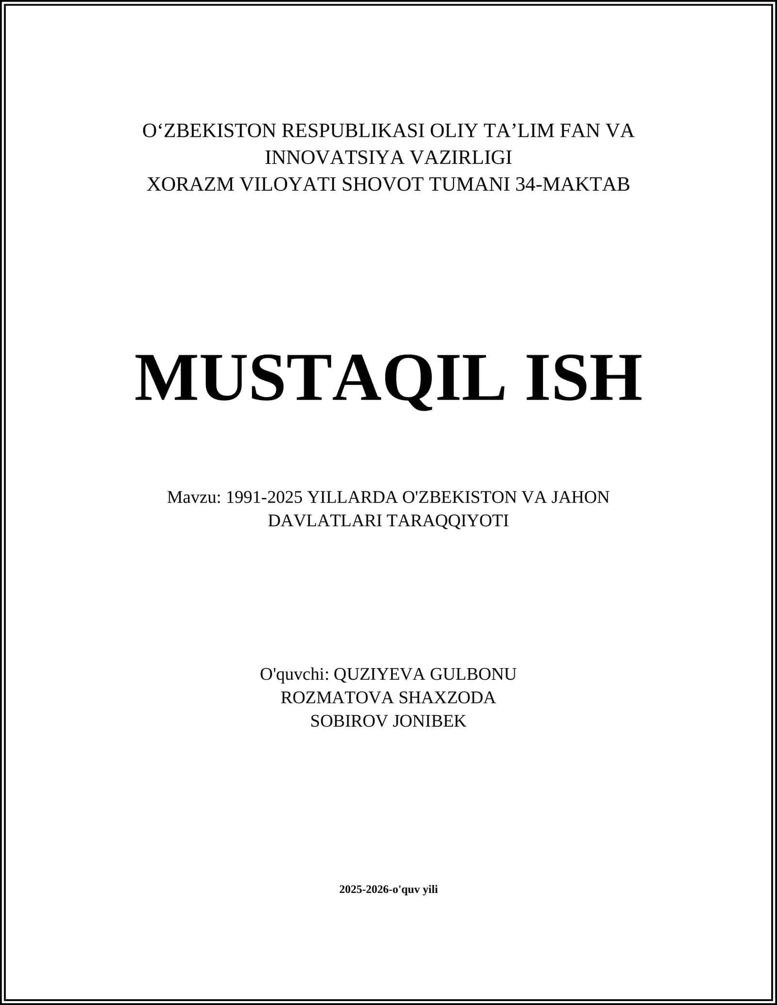 1991-2025 YILLARDA O'ZBEKISTON VA JAHON DAVLATLARI TARAQQIYOTI