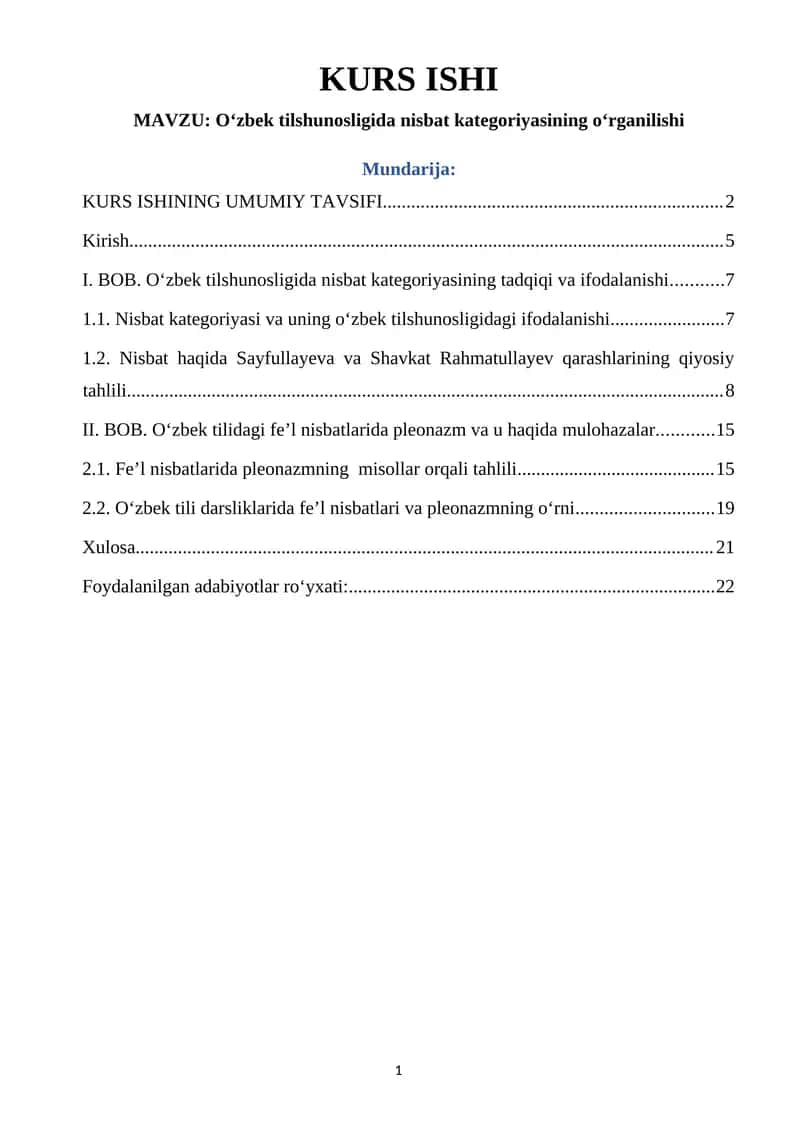 Oʻzbek tilshunosligida nisbat kategoriyasining oʻrganilishi KURS ISHI 1