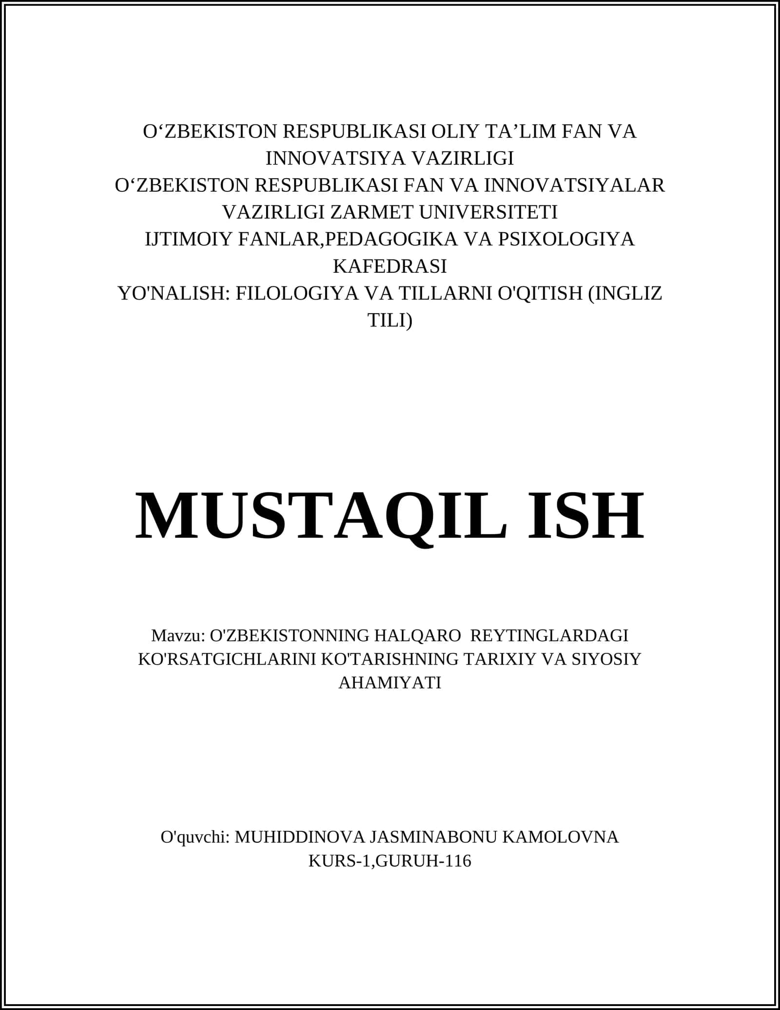 O'ZBEKISTONNING HALQARO REYTINGLARDAGI KO'RSATGICHLARINI KO'TARISHNING TARIXIY VA SIYOSIY AHAMIYATI
