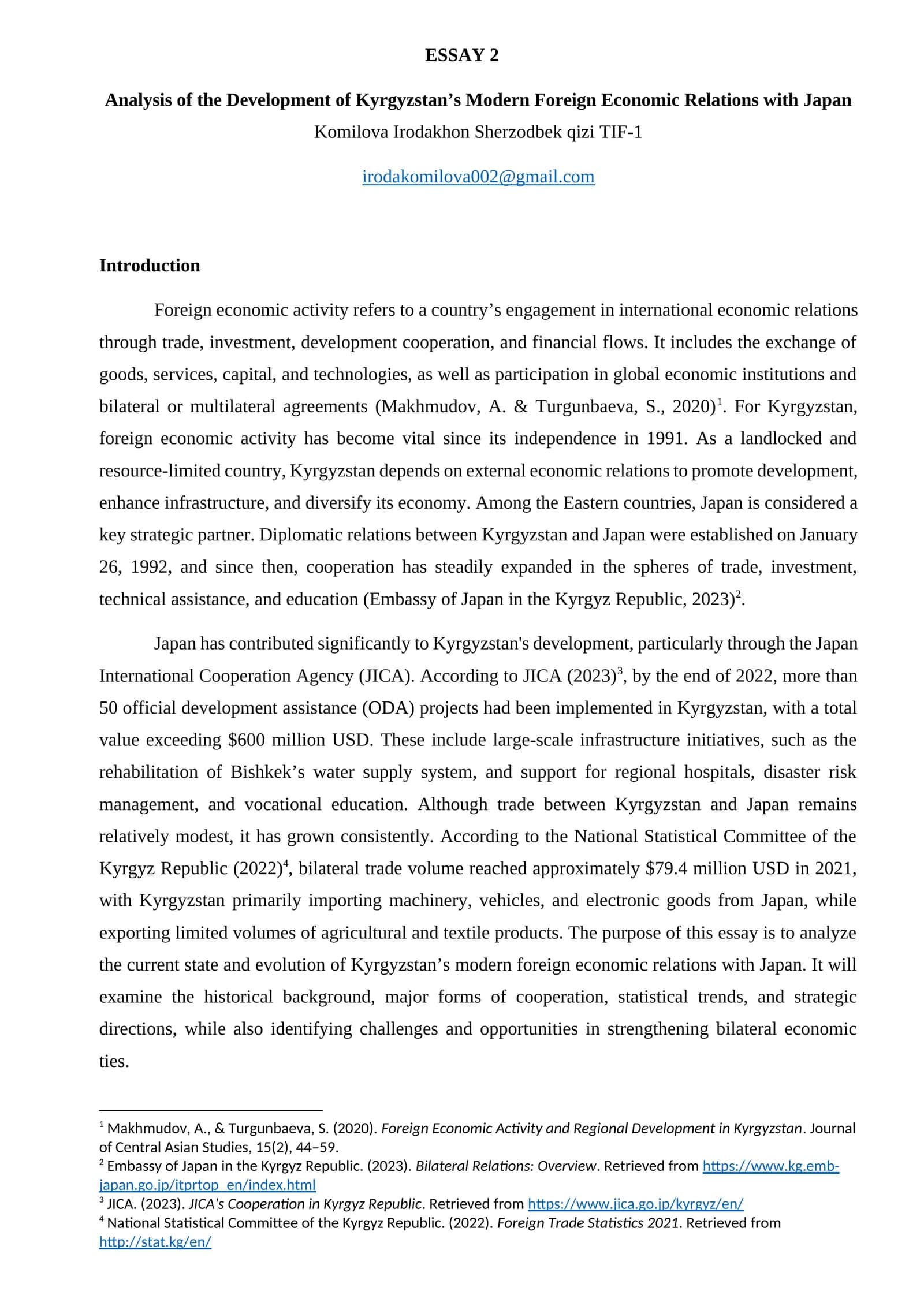 Analysis of the Development of Kyrgyzstan’s Modern Foreign Economic Relations with Japan