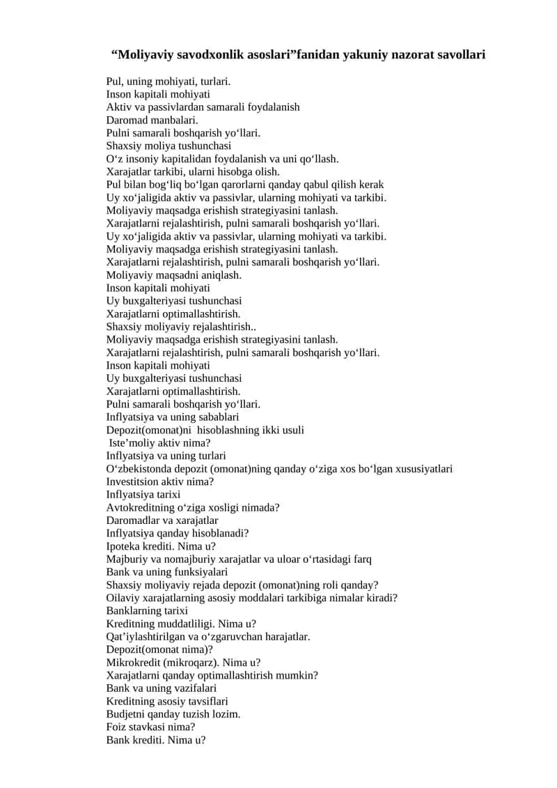 Moliyaviy savodxonlik asoslari