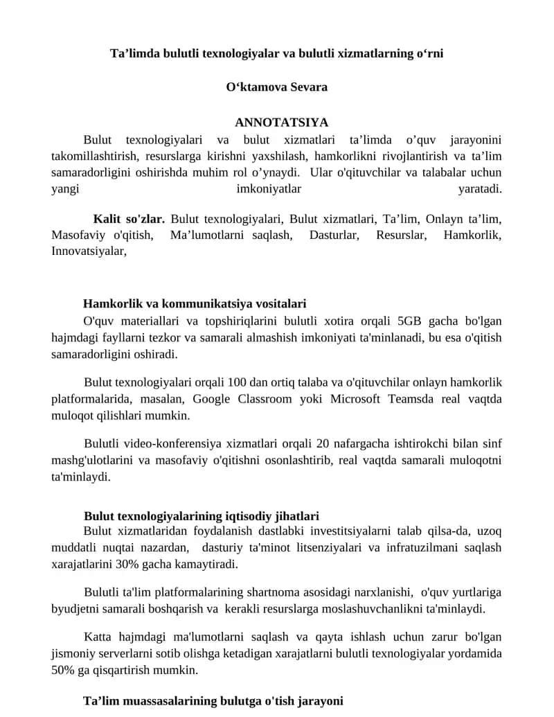 Bulut texnologiyalari va bulut xizmatlari