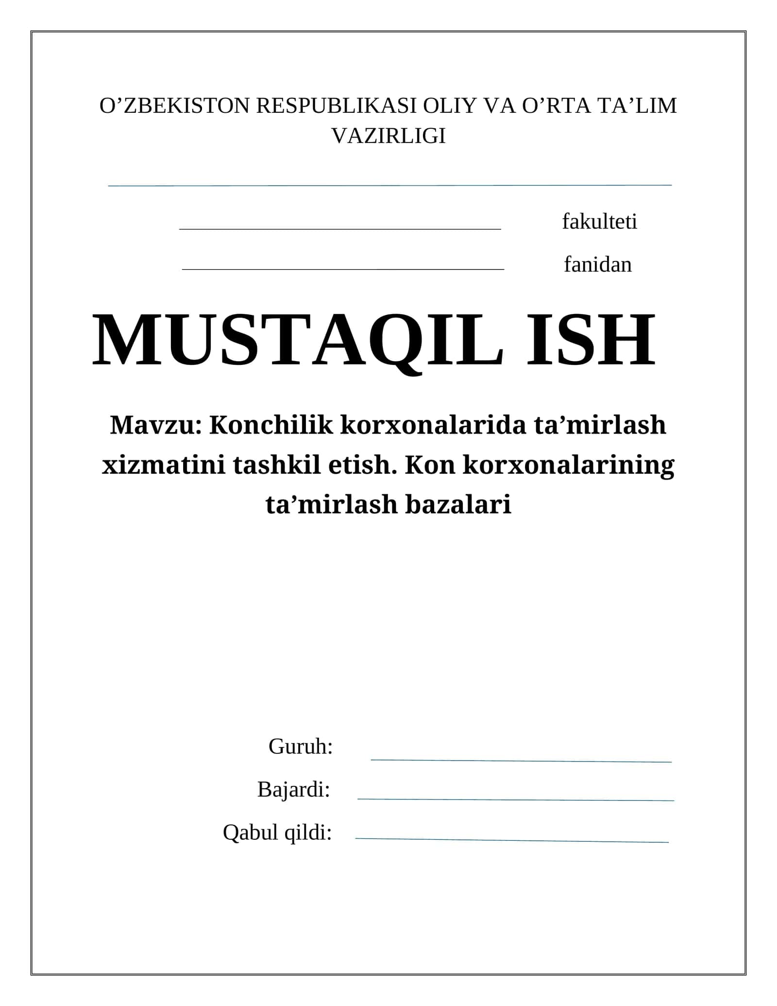 Konchilik korхonalarida ta’mirlash хizmatini tashkil etish