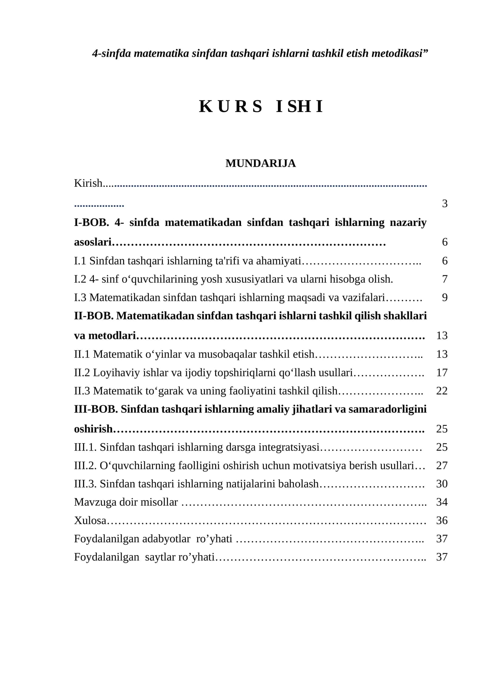 4-sinfda matematika sinfdan tashqari ishlarni tashkil etish metodikasi