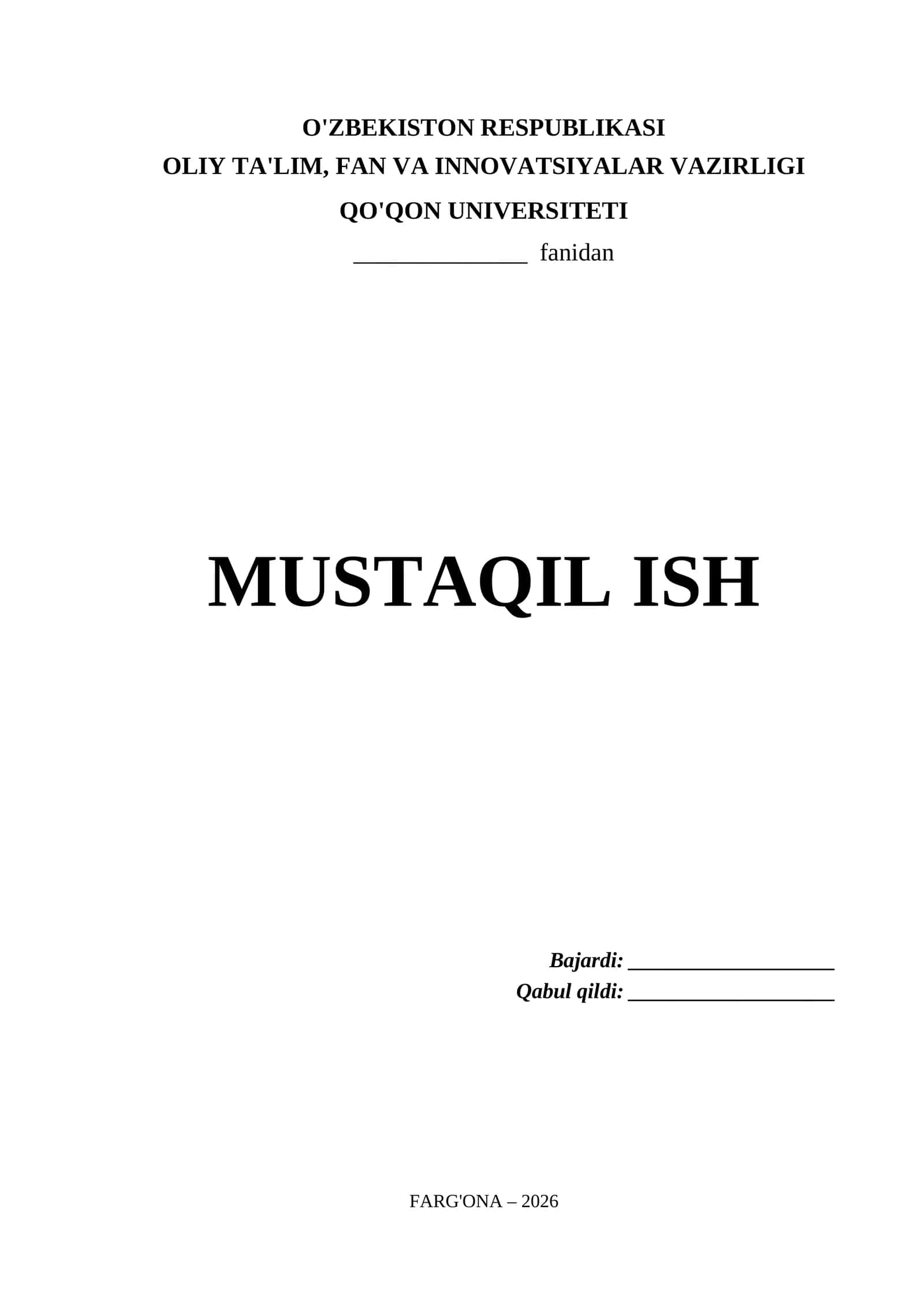 Qo'qon Universiteti Mustaqil Ish Titul Varaq (.docx)