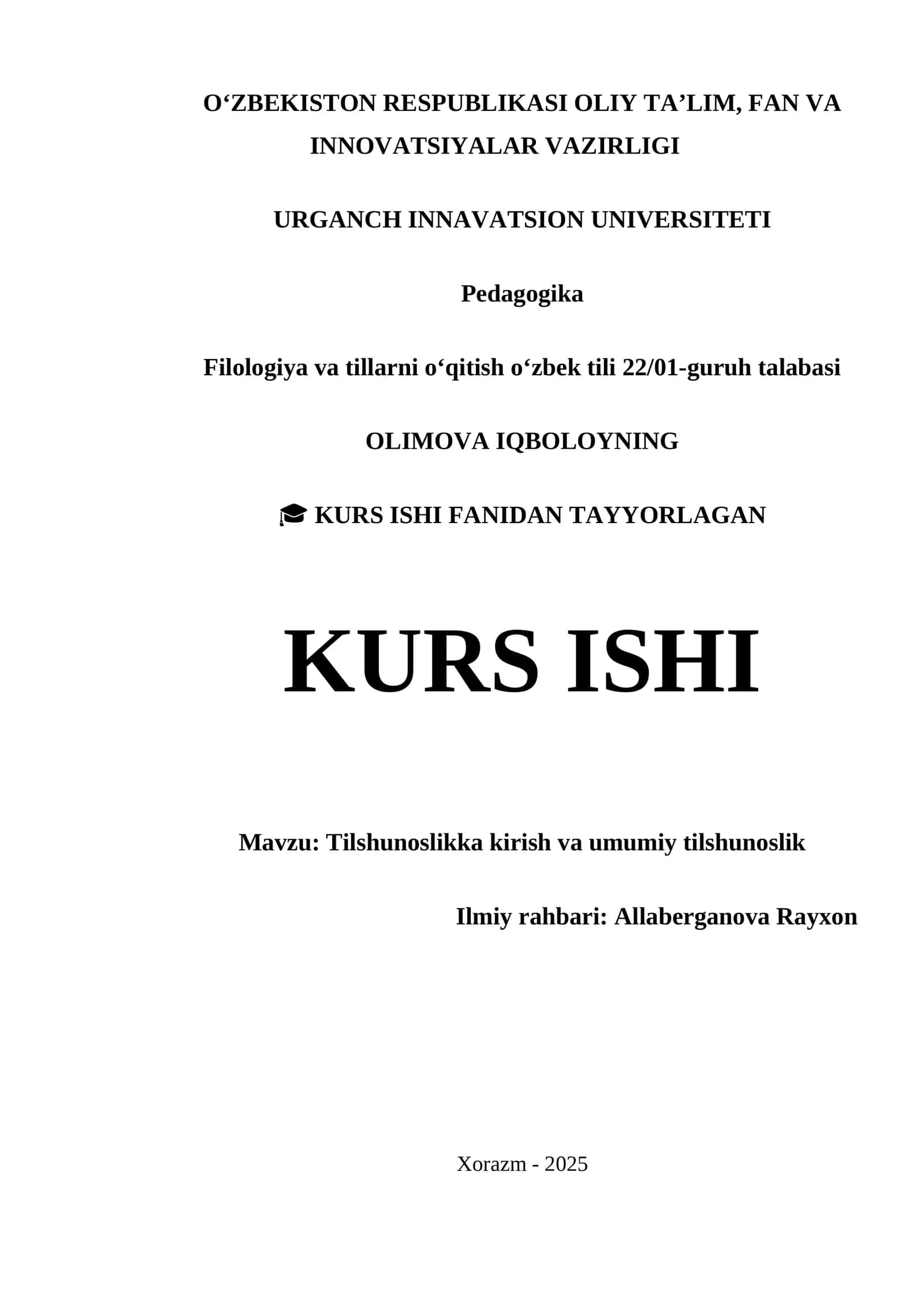 Tilshunoslikka kirish va umumiy tilshunoslik kurs ishi