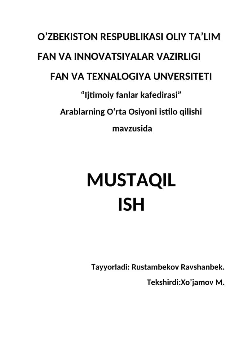 Arablarning O‘rta Osiyoni istilo qilishi  mavzusida