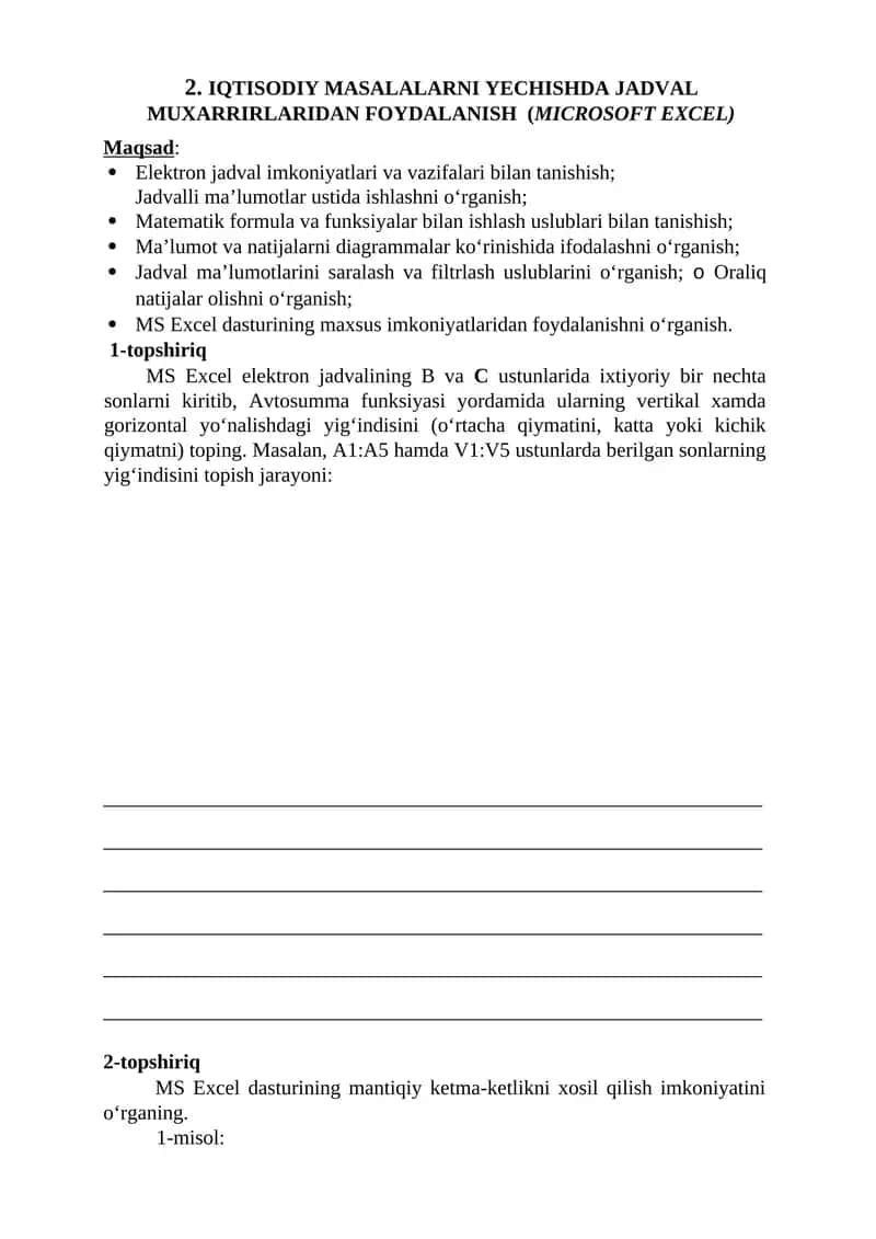 IQTISODIY MASALALARNI YECHISHDA JADVAL MUXARRIRLARIDAN FOYDALANISH (MICROSOFT EXCEL)