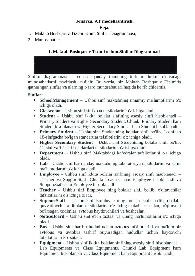Maktab Boshqaruv Tizimi uchun Sinflar Diagrammasi