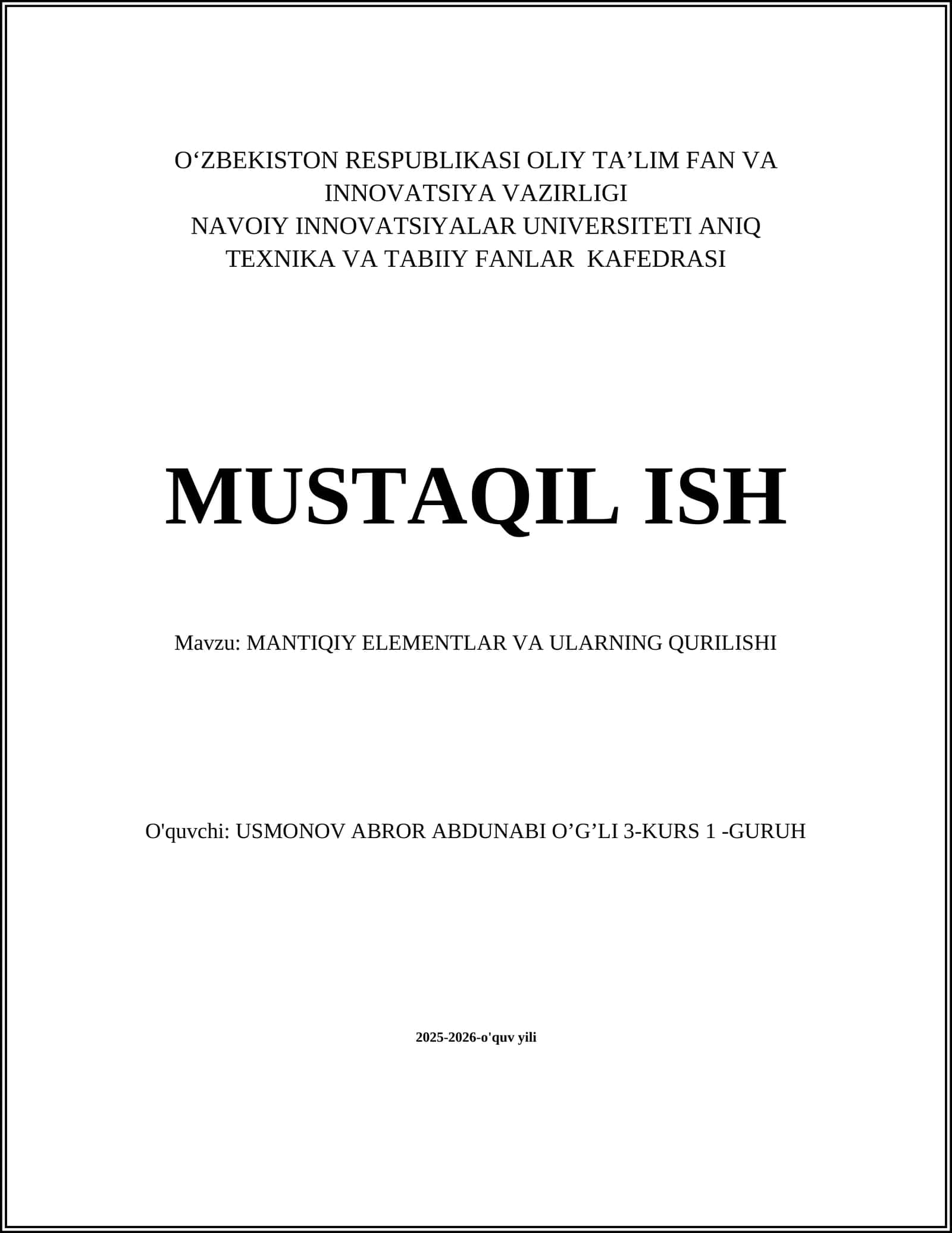 MANTIQIY ELEMENTLAR VA ULARNING QURILISHI