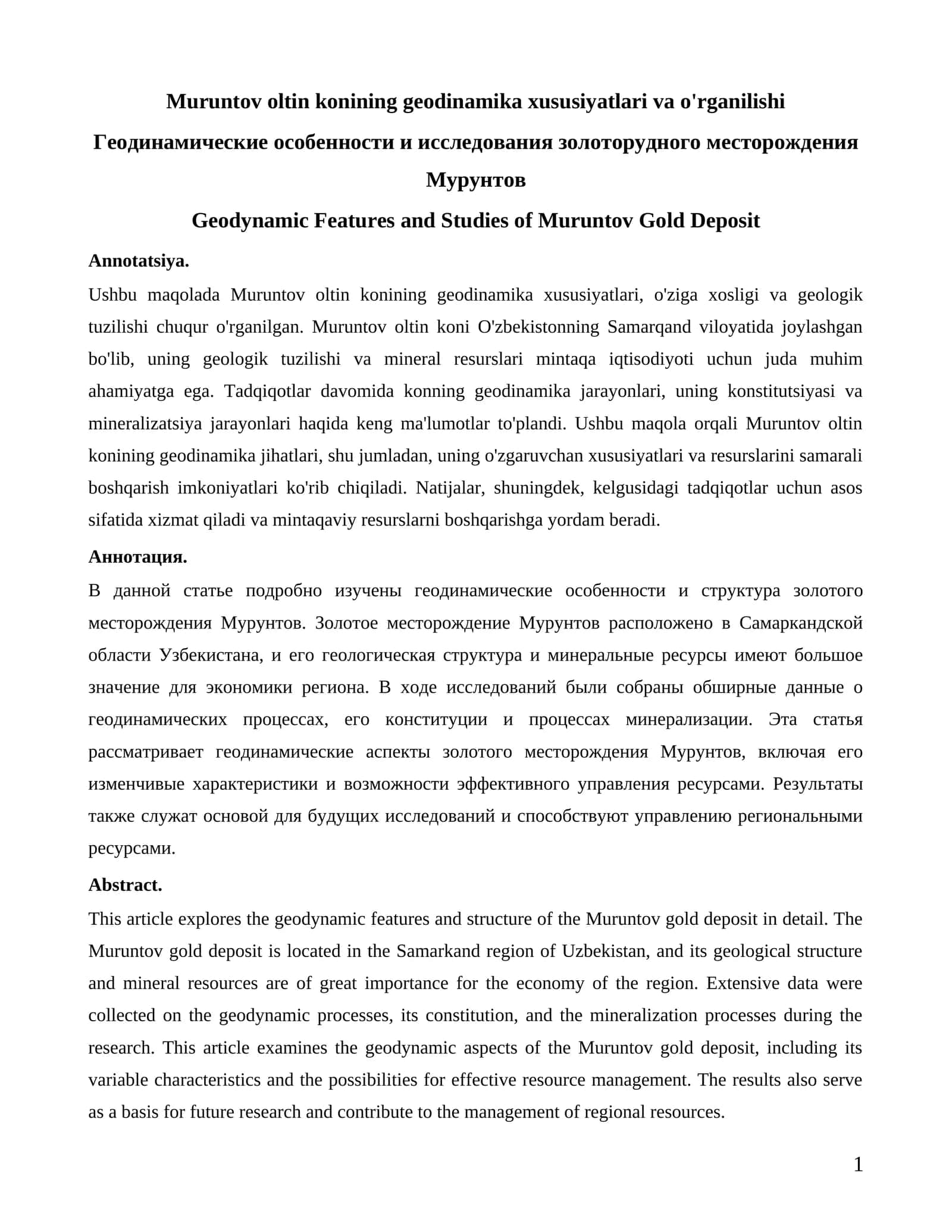 Muruntov oltin konining geodinamika xususiyatlari va o'rganilishi