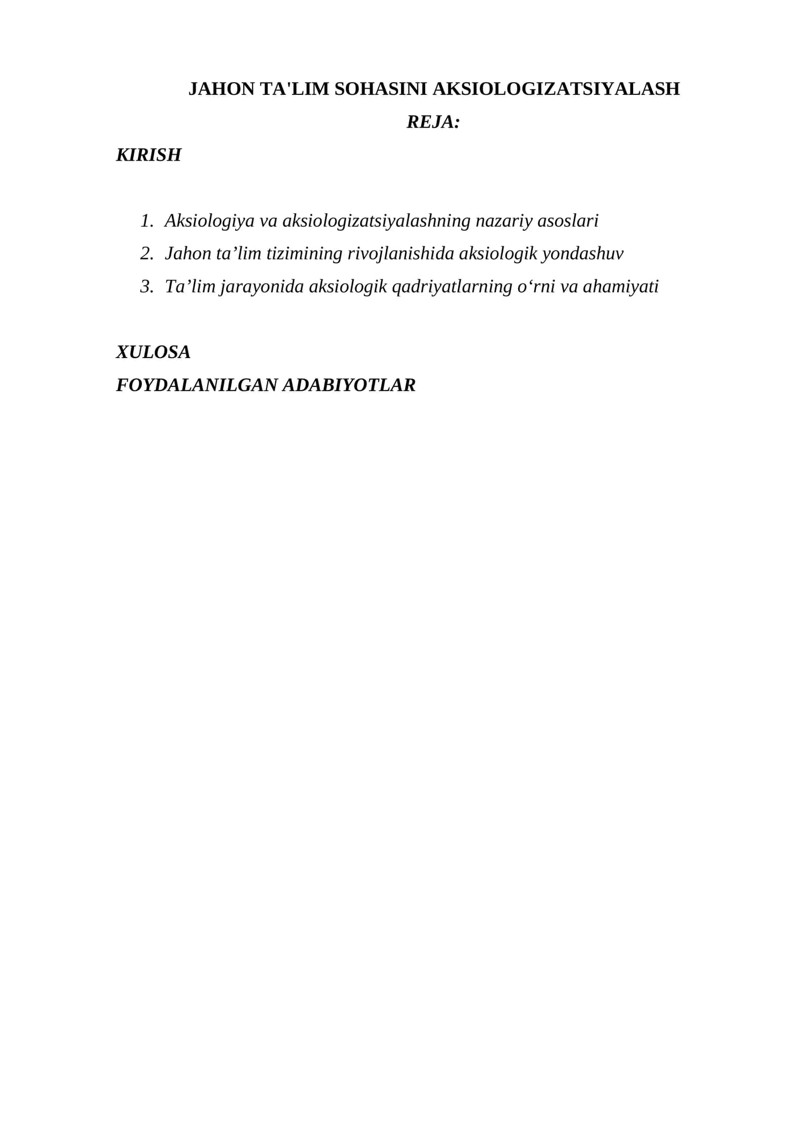 JAHON TA'LIM SOHASINI AKSIOLOGIZATSIYALASH