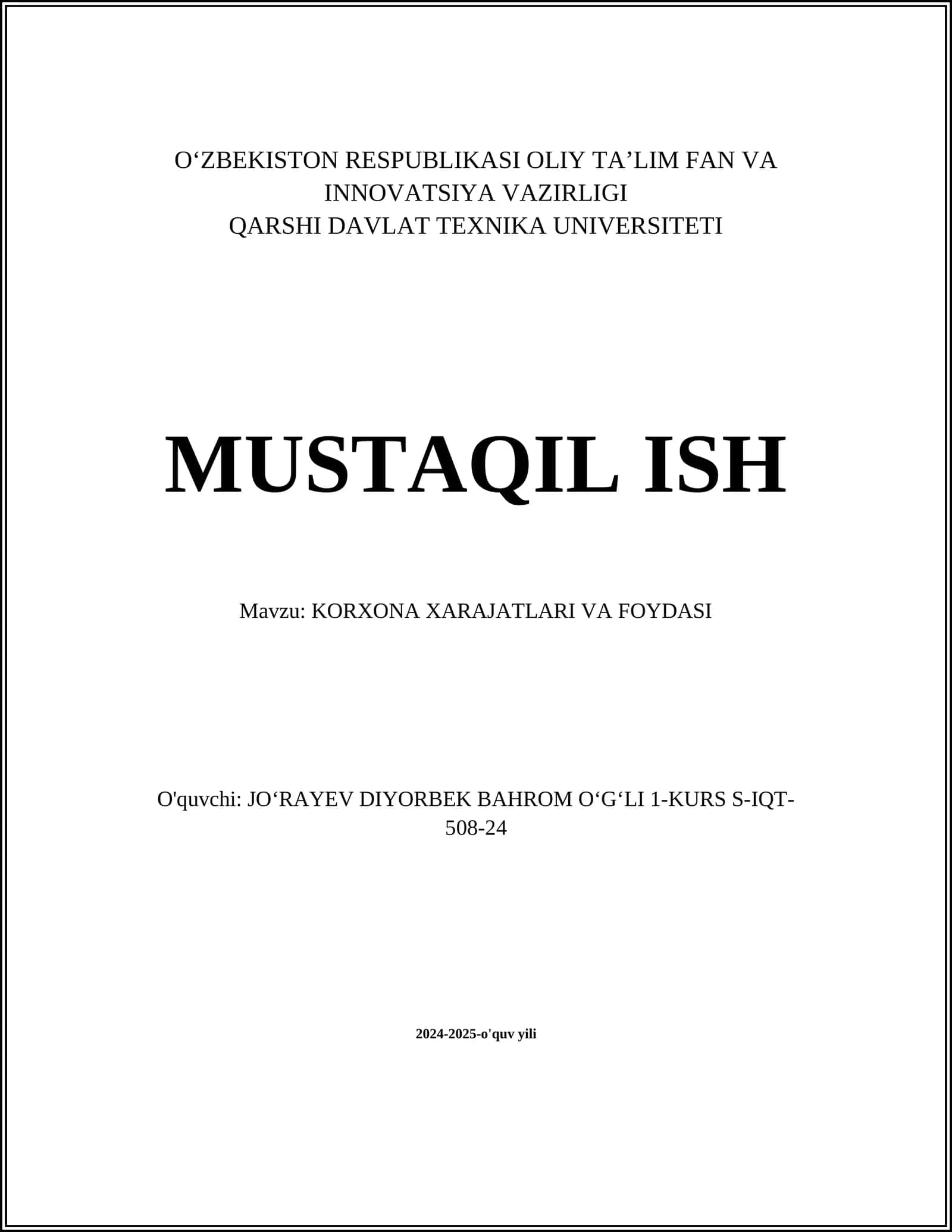 KORXONA XARAJATLARI VA FOYDASI