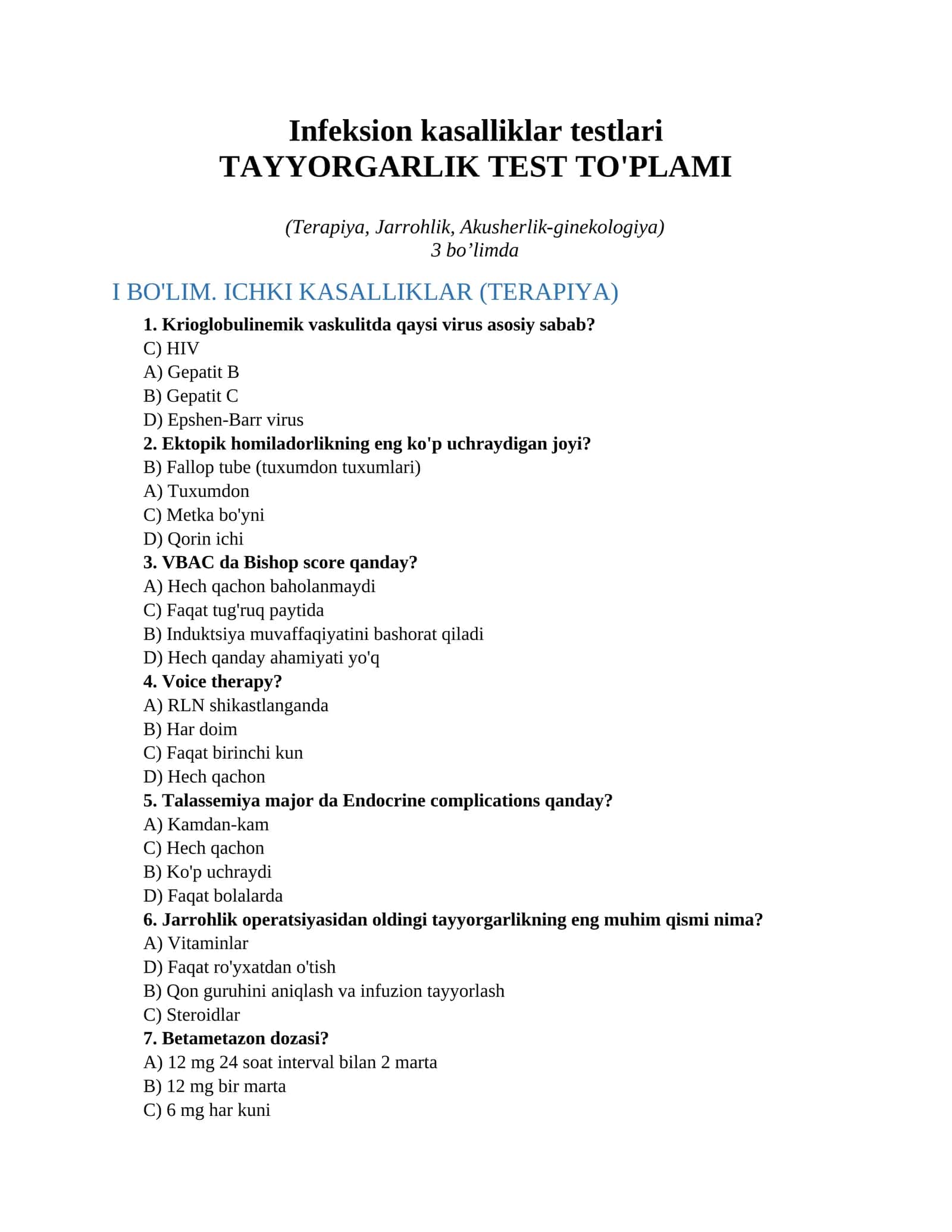 TAYYORGARLIK TEST TO'PLAMI