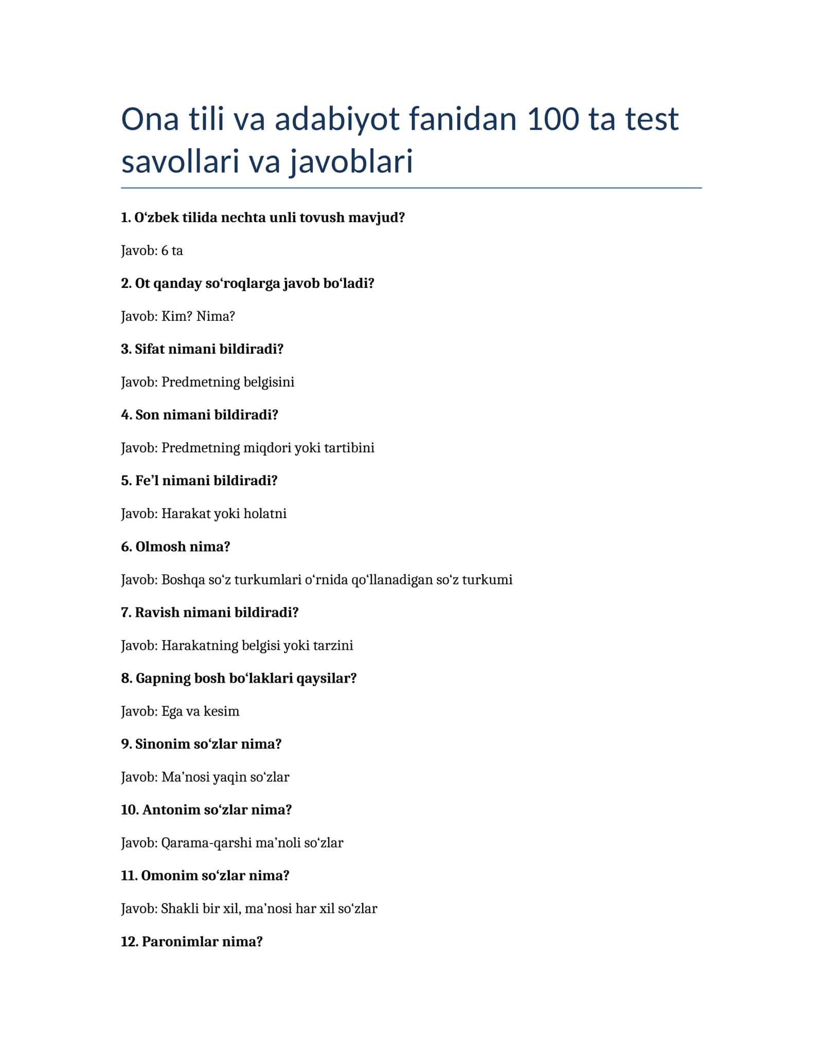 Ona tili va adabiyot fanidan 100 ta test savollari va javoblari