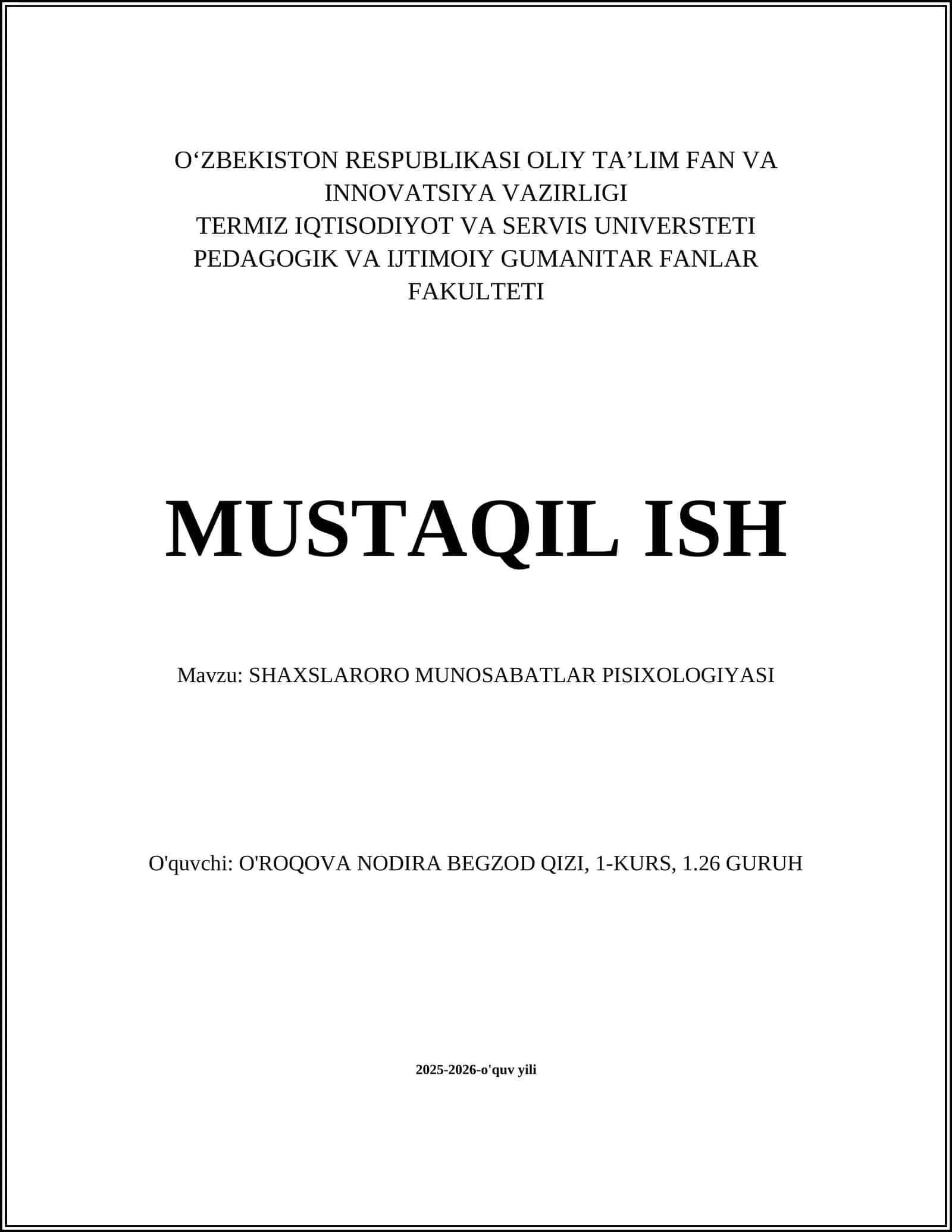 SHAXSLARORO MUNOSABATLAR PISIXOLOGIYASI