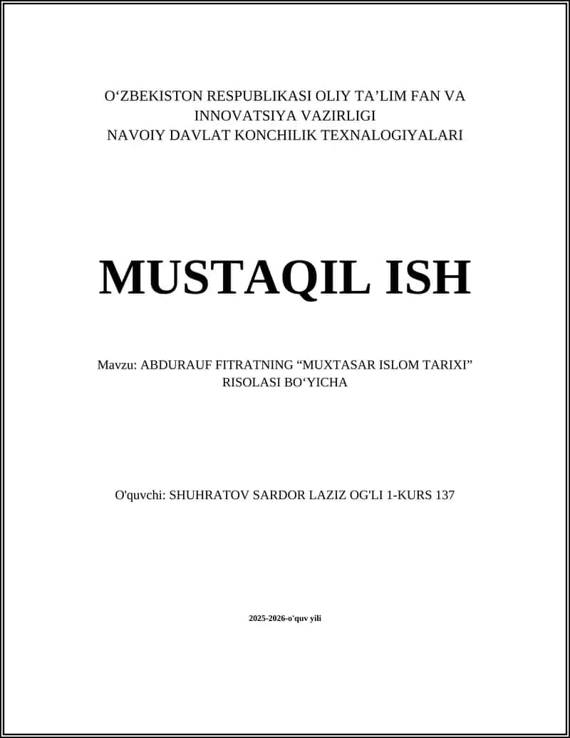 Abdurauf Fitratning “Muxtasar Islom Tarixi” Risolasi