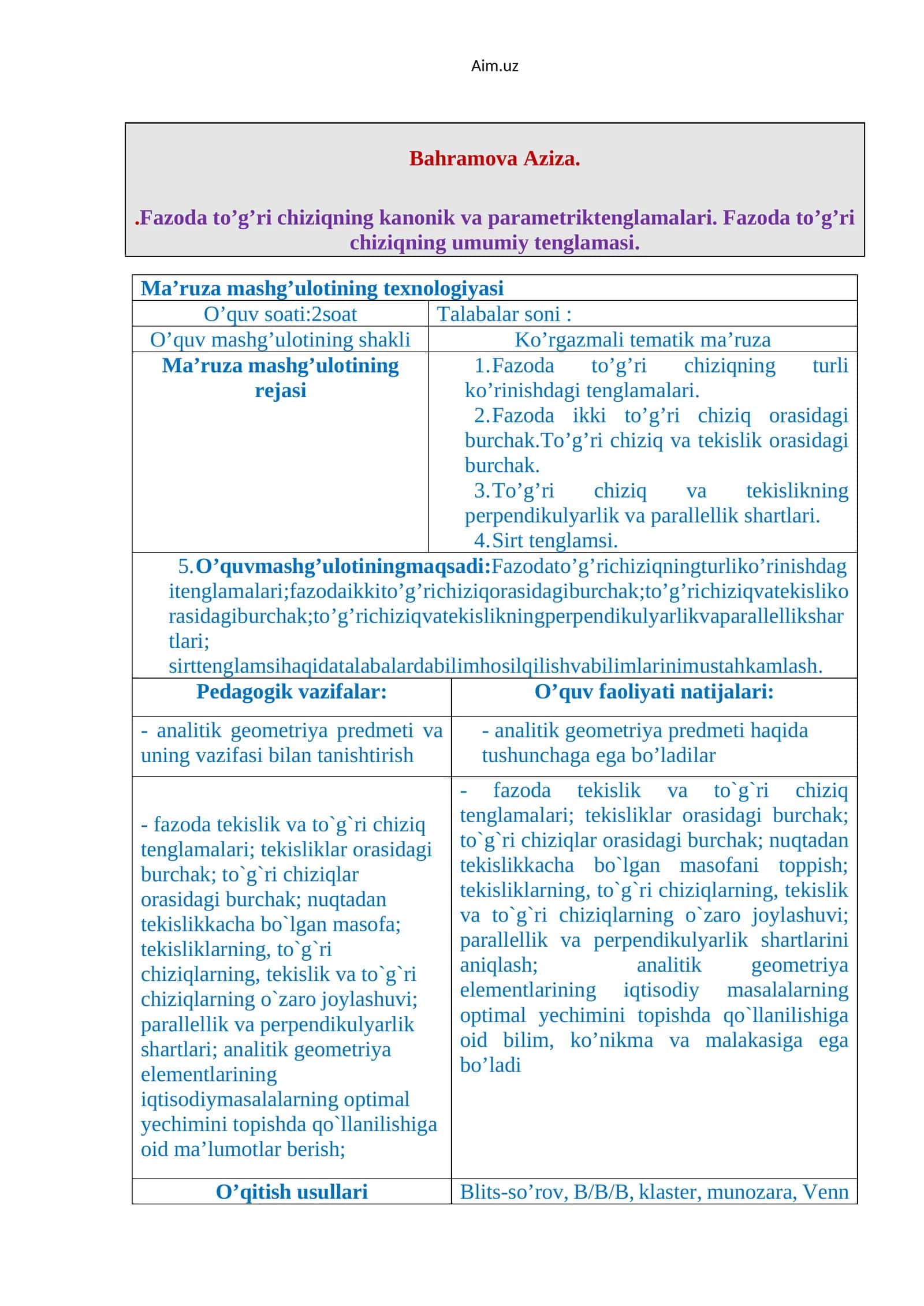 Ma’ruza mashg’ulotining texnologiyasi
