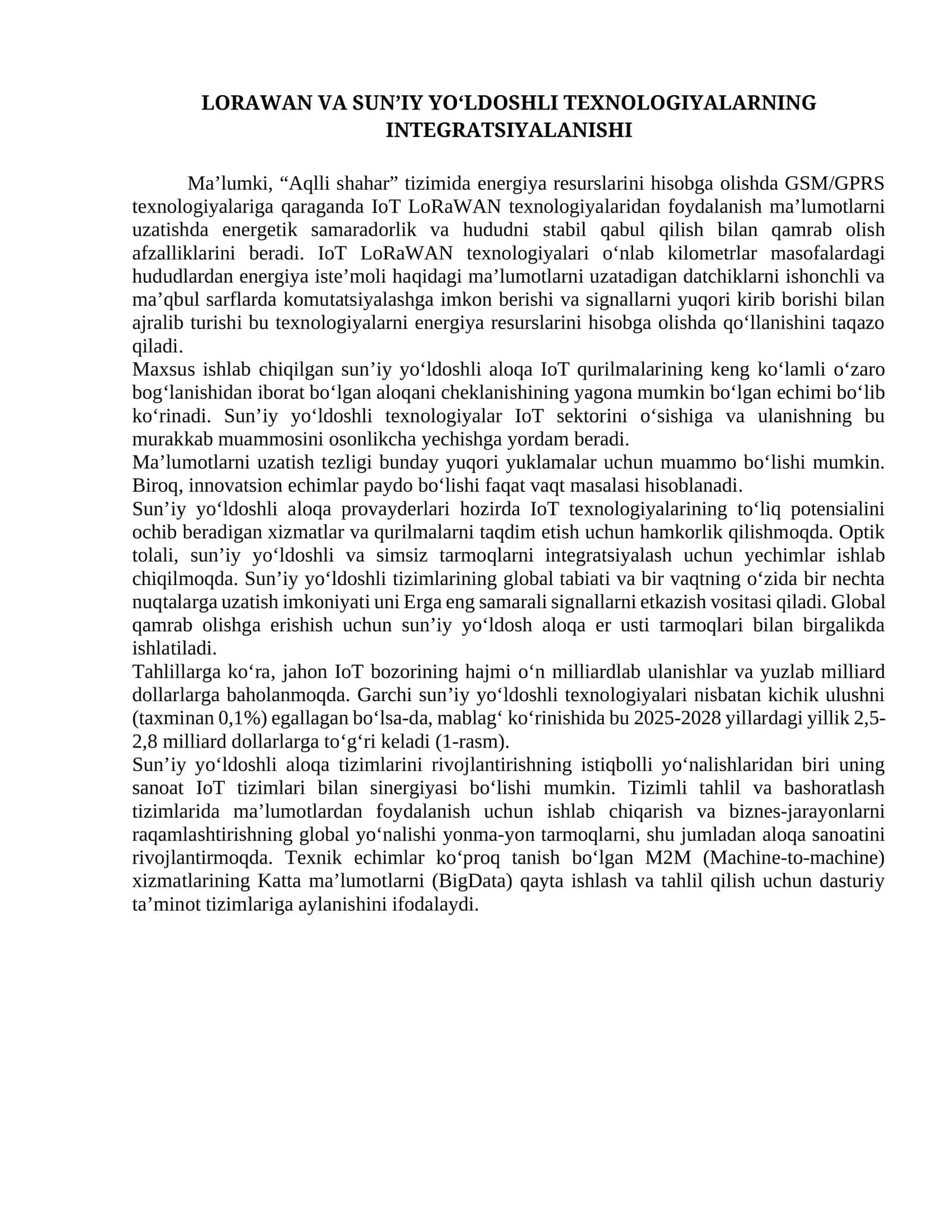 LORAWAN VA SUN’IY YO‘LDOSHLI TEXNOLOGIYALARNING INTEGRATSIYALANISHI