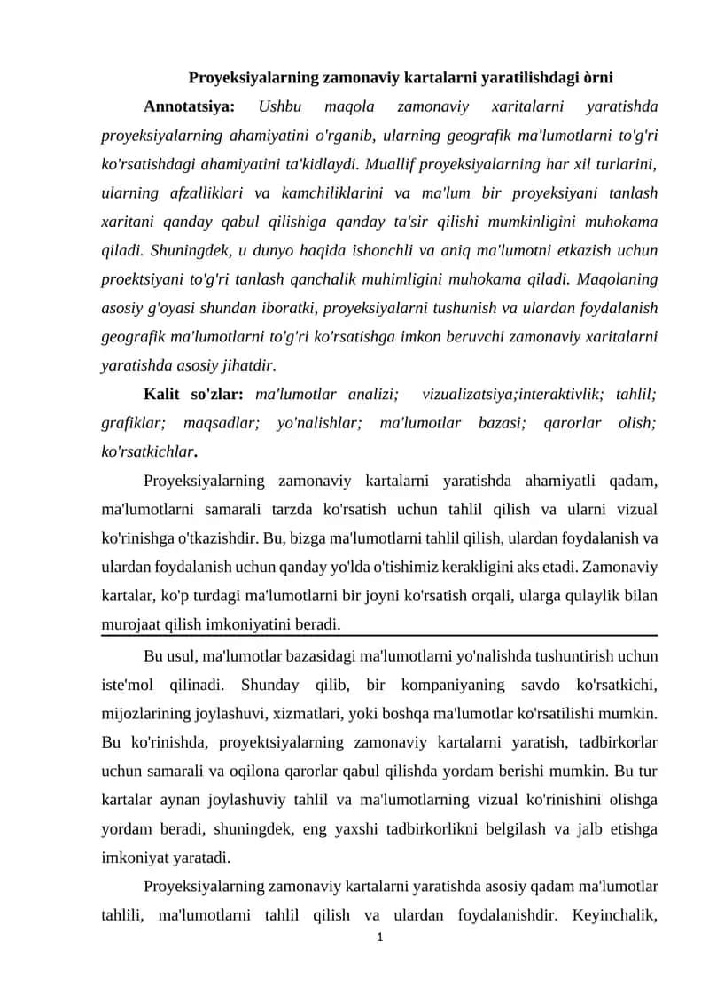 Proyeksiyalarning zamonaviy kartalarni yaratilishdagi òrni