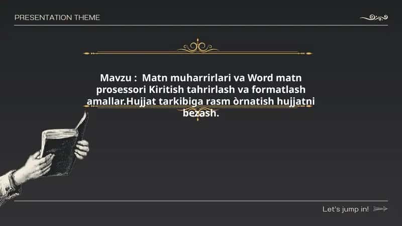 :  Matn muharrirlari va Word matn prosessori Kiritish tahrirlash va formatlash amallar.Hujjat tarkibiga rasm òrnatish hujjatni bezash