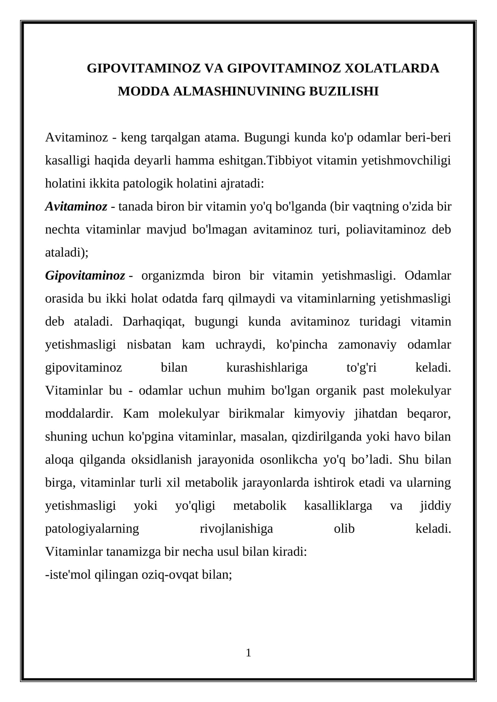 GIPOVITAMINOZ VA GIPOVITAMINOZ HOLATLARDA MODDA ALMASHINUVINING BUZILISHI